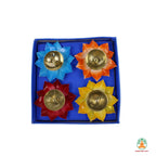 Colorful Floral Petal Brass Diyas - Set of 4 | Festive Oil Lamps for Diwali Navratri