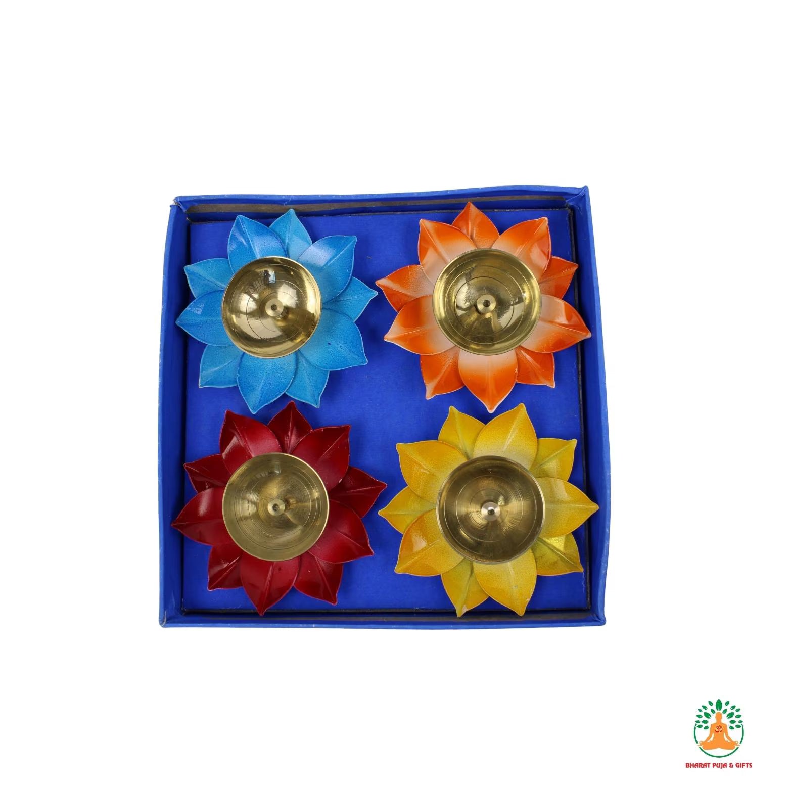 Colorful Floral Petal Brass Diyas - Set of 4 | Festive Oil Lamps for Diwali Navratri