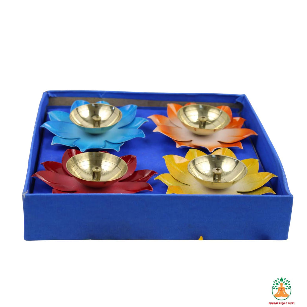 Colorful Floral Petal Brass Diyas - Set of 4 | Festive Oil Lamps for Diwali Navratri
