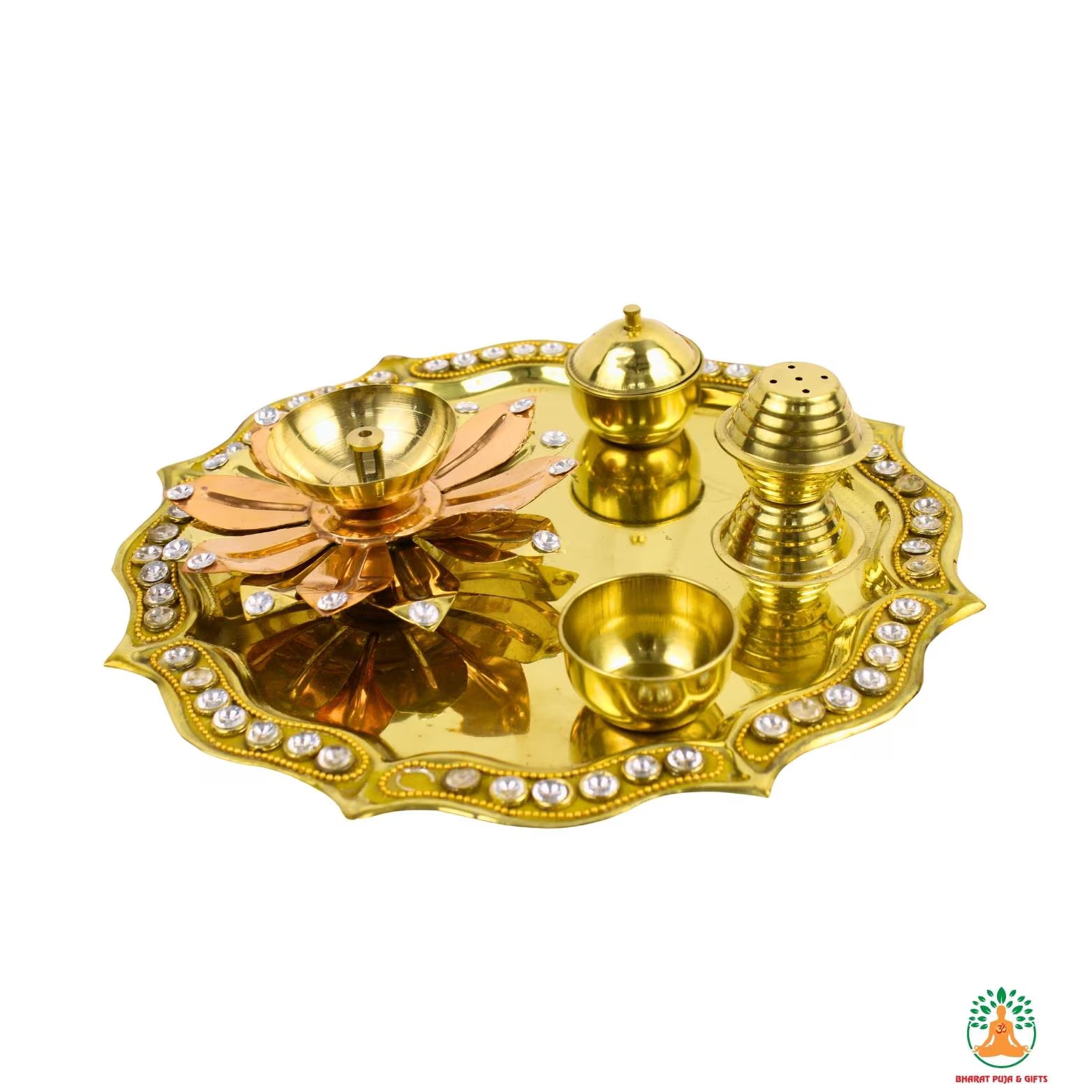 Brass Puja Thali with Decorative Beads and Diya, Kumkum Holder, Incense Holder| Puja Plate Aarti Thali | Brass Plate Arti Thali