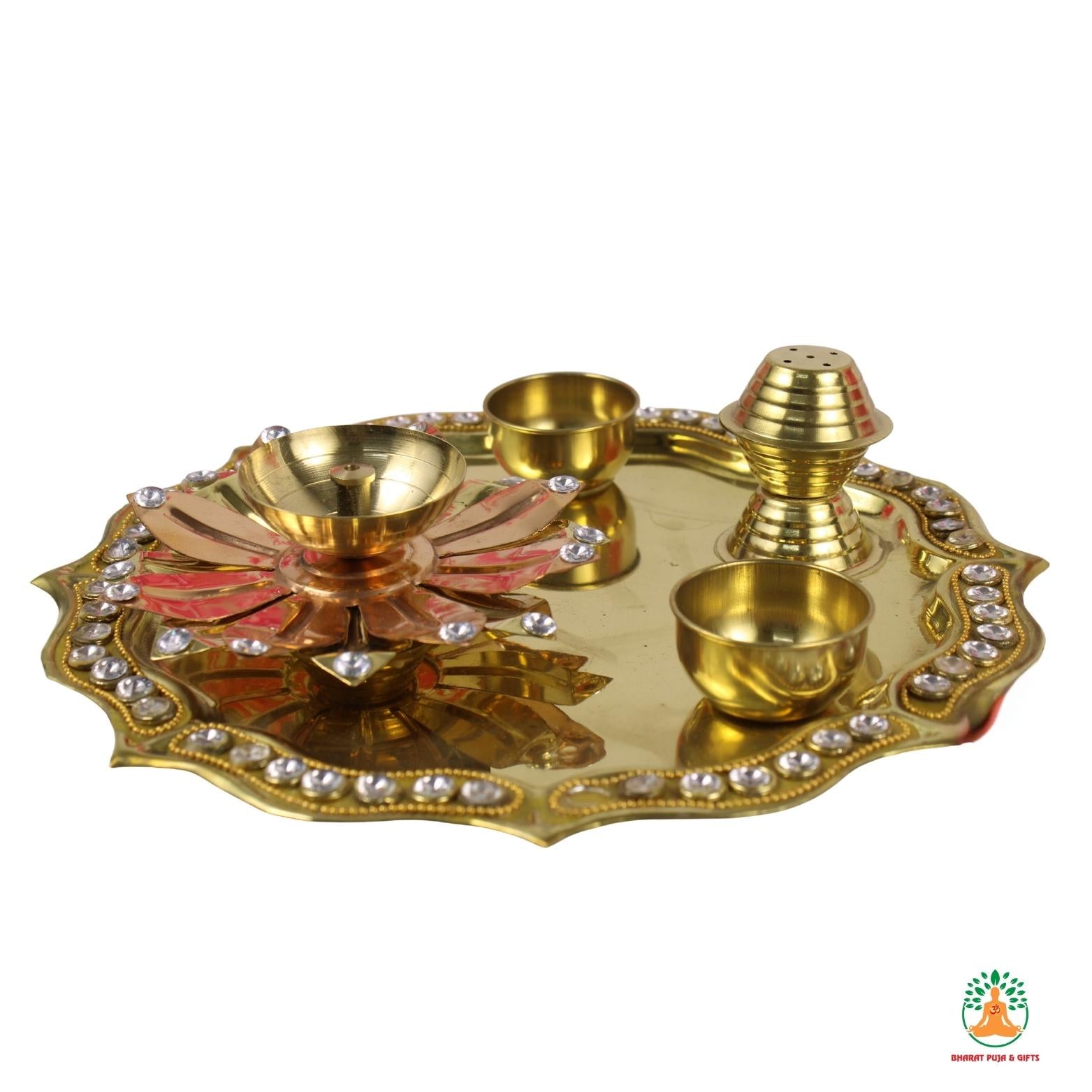 Brass Puja Thali with Decorative Beads and Diya, Kumkum Holder, Incense Holder| Puja Plate Aarti Thali | Brass Plate Arti Thali