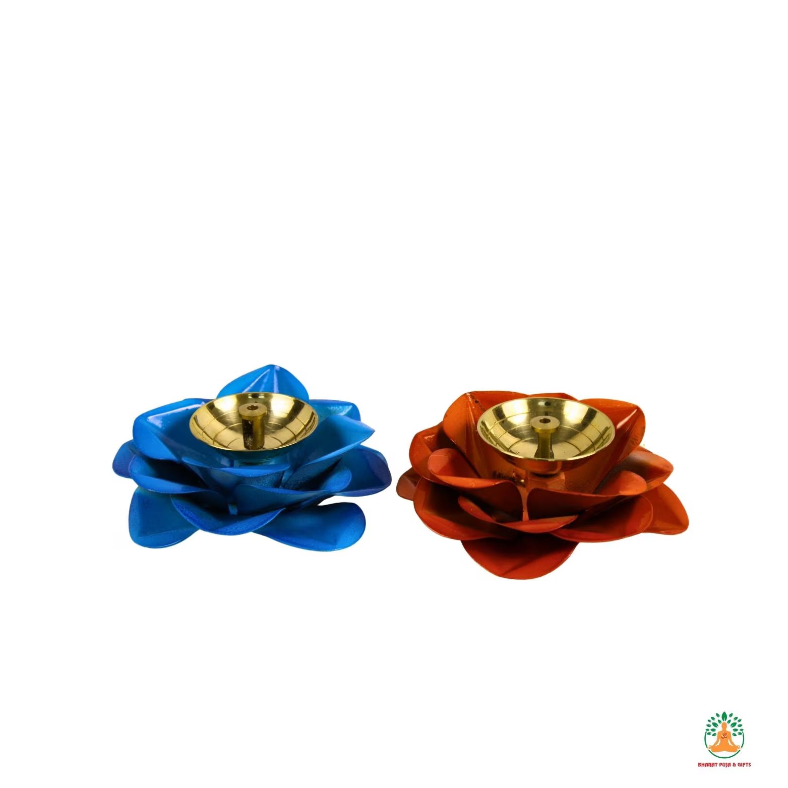 2 Pair Brass Diya with Colorful Petal Shape Base – Vibrant Traditional Diya | Diwali Gift | Colorful Diyas | Diwali Diya