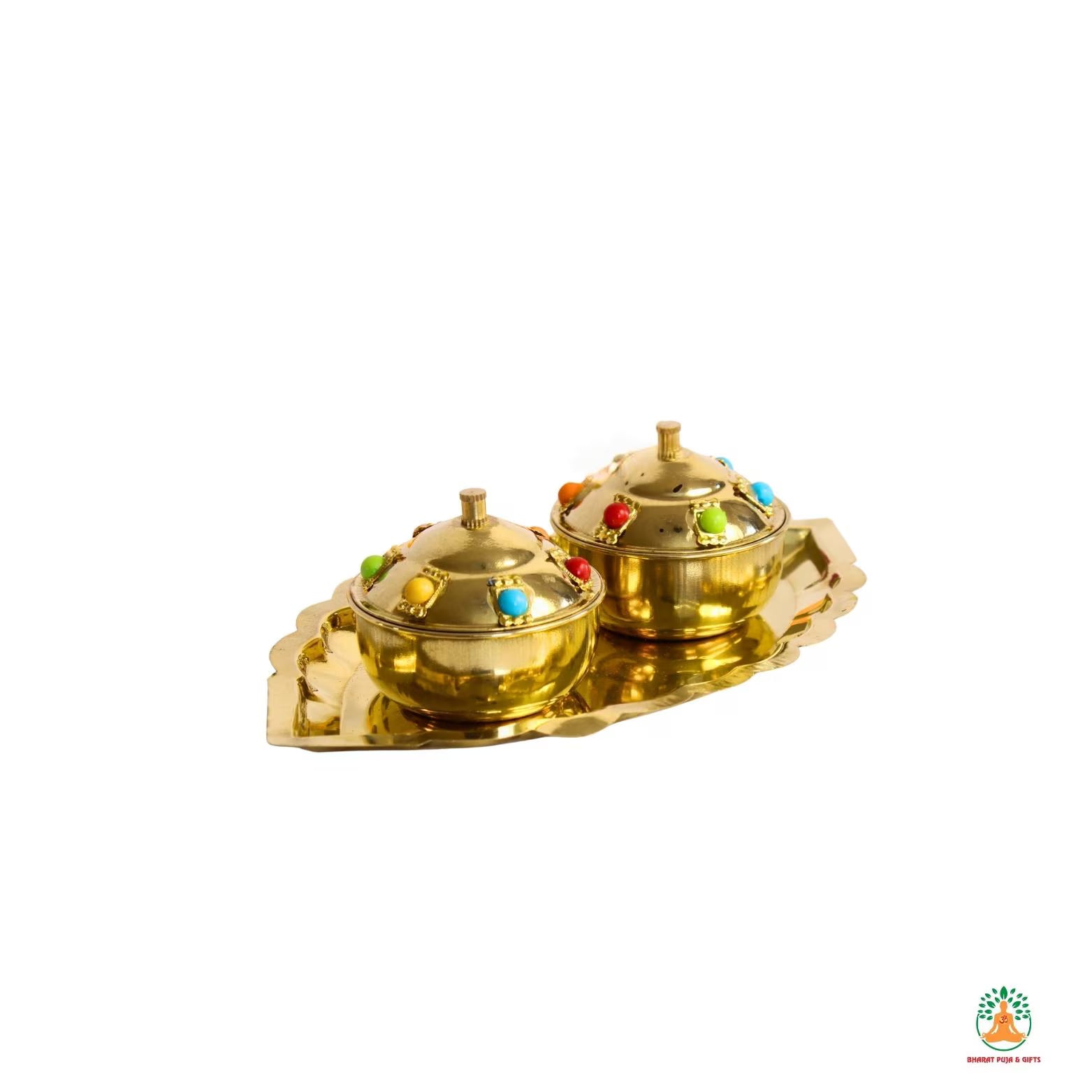 Brass Haldi Kumkum Set – 2 Pots with Base Plate & Colorful Beads | Haldi Kumkum Container | Haldi Kumkum Box | Haldi Kumkum Holder
