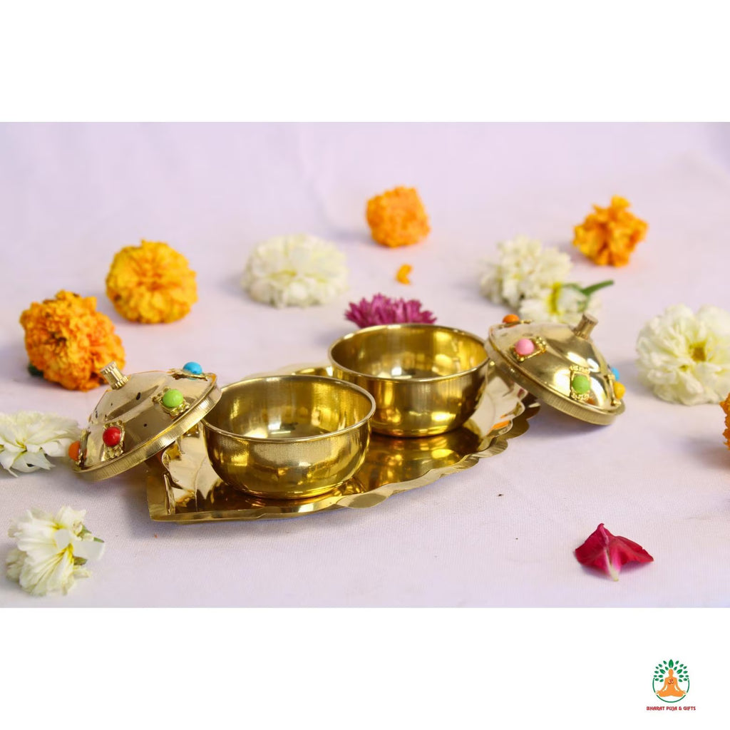 Brass Haldi Kumkum Set – 2 Pots with Base Plate & Colorful Beads | Haldi Kumkum Container | Haldi Kumkum Box | Haldi Kumkum Holder
