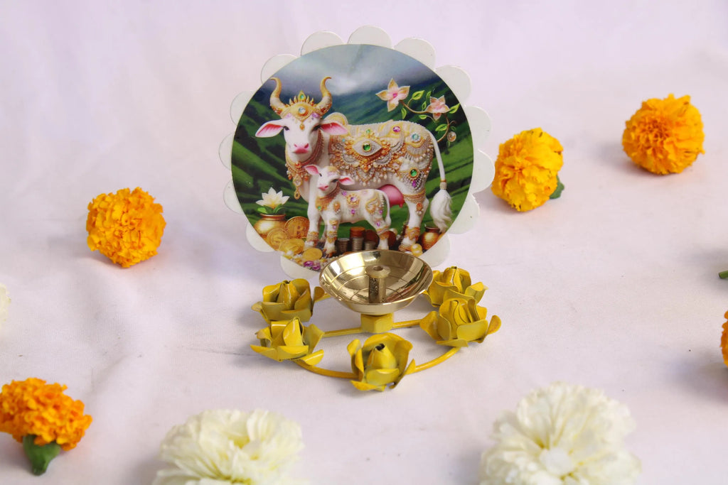 Brass Diya with Cow and Calf Picture | Decorative Oil Lamp | Fancy Diya for Diwali Decorations | Indian Home Decor | Hindu Spiritual Gift