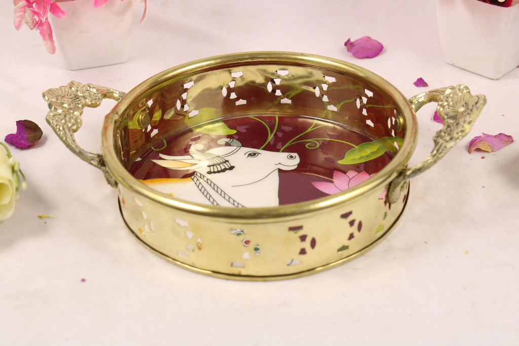 Premium Brass Flower Basket Topli with Colorful Cow Artwork | Traditional Floral Basket | Phool Tokri | Wedding Puja Aarti Offering Basket