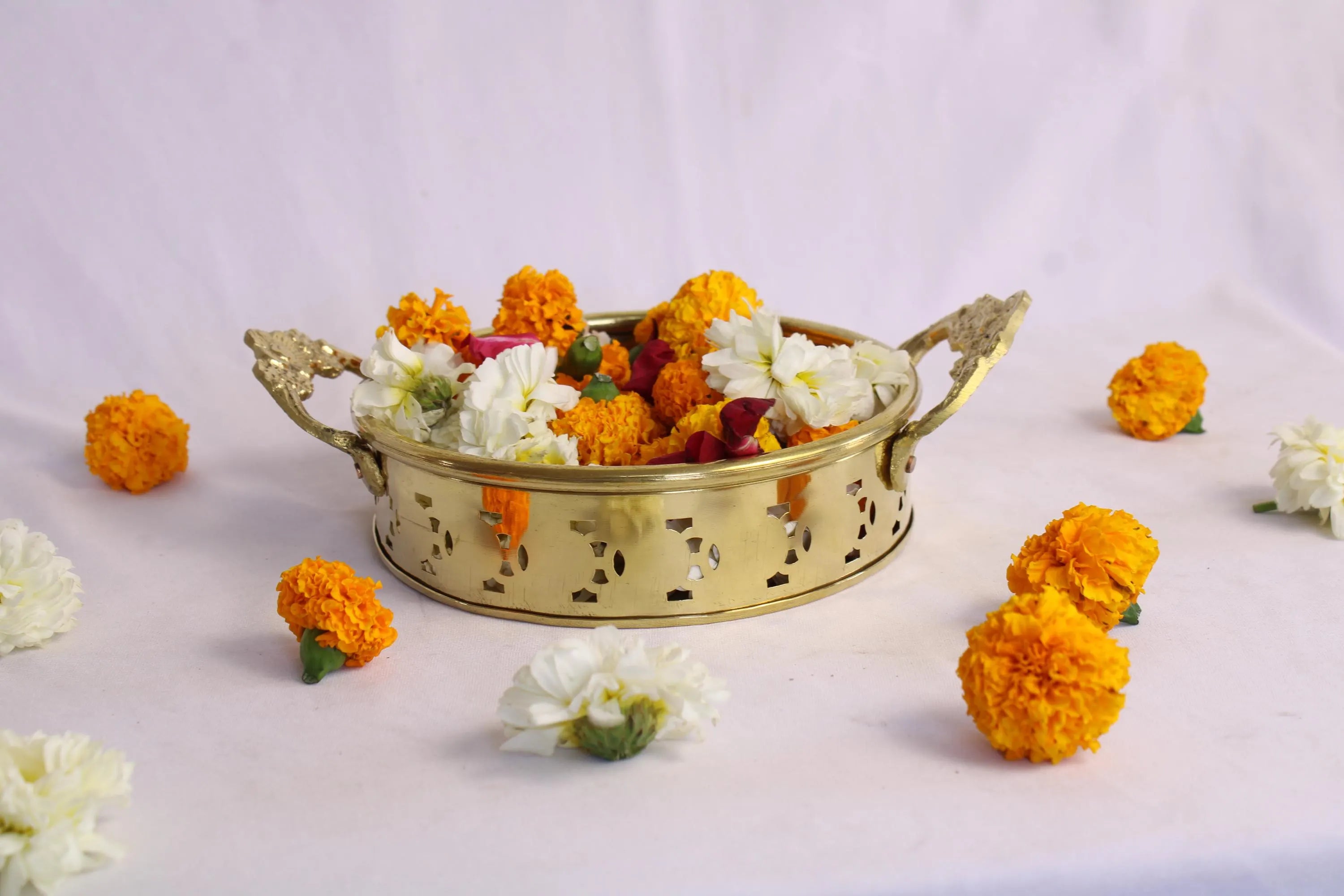 Premium Brass Flower Basket Topli with Colorful Cow Artwork | Traditional Floral Basket | Phool Tokri | Wedding Puja Aarti Offering Basket