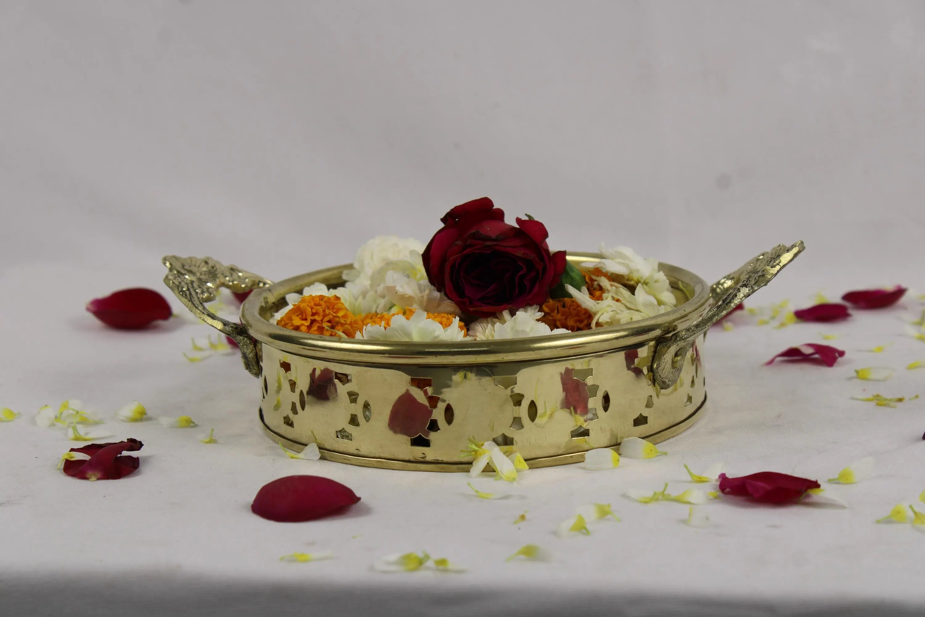 Premium Brass Flower Basket Topli with Colorful Cow Artwork | Traditional Floral Basket | Phool Tokri | Wedding Puja Aarti Offering Basket