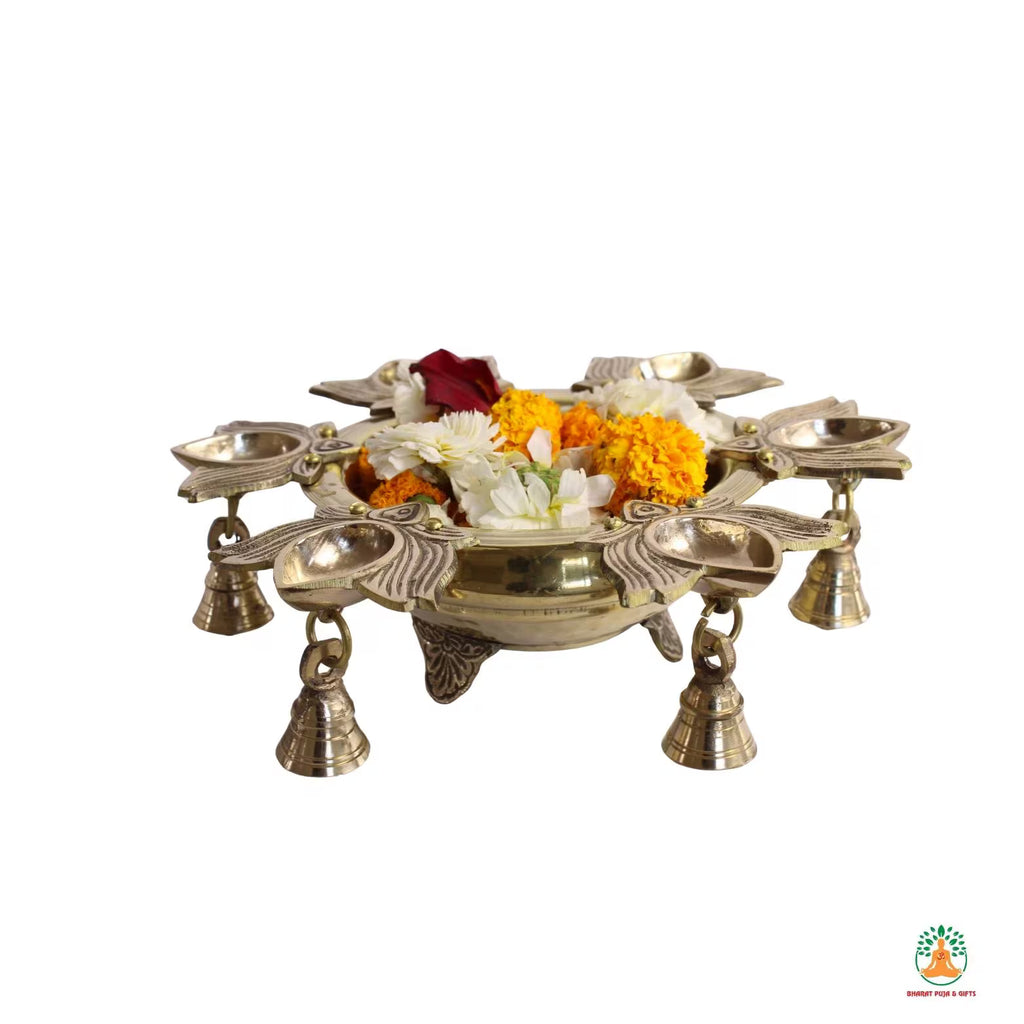 Brass Urli Bowl with Diya and Hanging Bells | Festive Decorative Oil Lamp Bowl | Diwali Urli Bowl | Navratri Diya Bowl