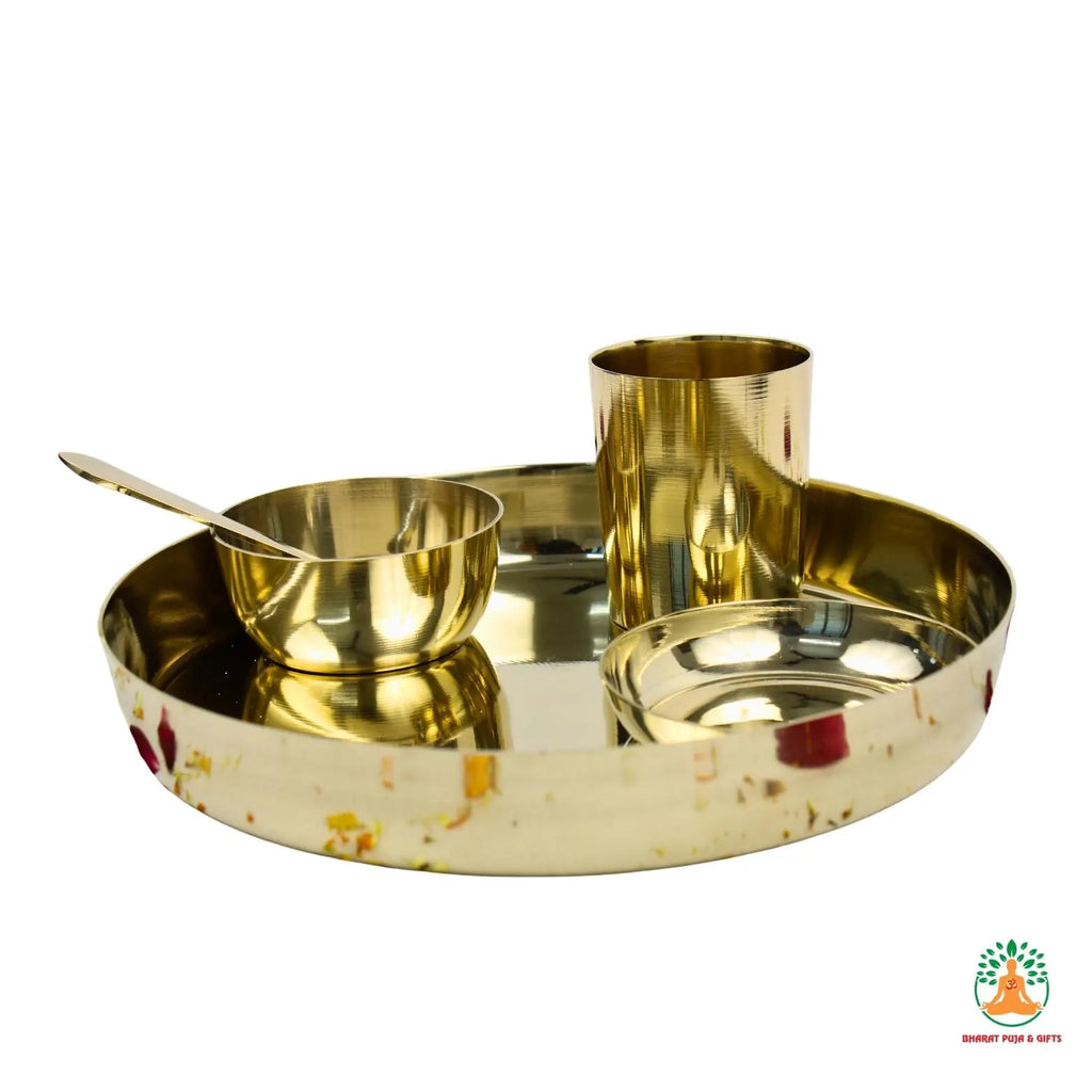 Pure Kansa Bronze Puja Thali Set 9 inch | Kansa Bhoga Offering Plate | Traditional Solid Kansa Plate with Bowl, Spoon, Small Plate & Glass