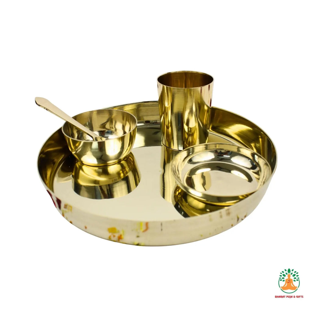 Pure Kansa Bronze Puja Thali Set 9 inch | Kansa Bhoga Offering Plate | Traditional Solid Kansa Plate with Bowl, Spoon, Small Plate & Glass