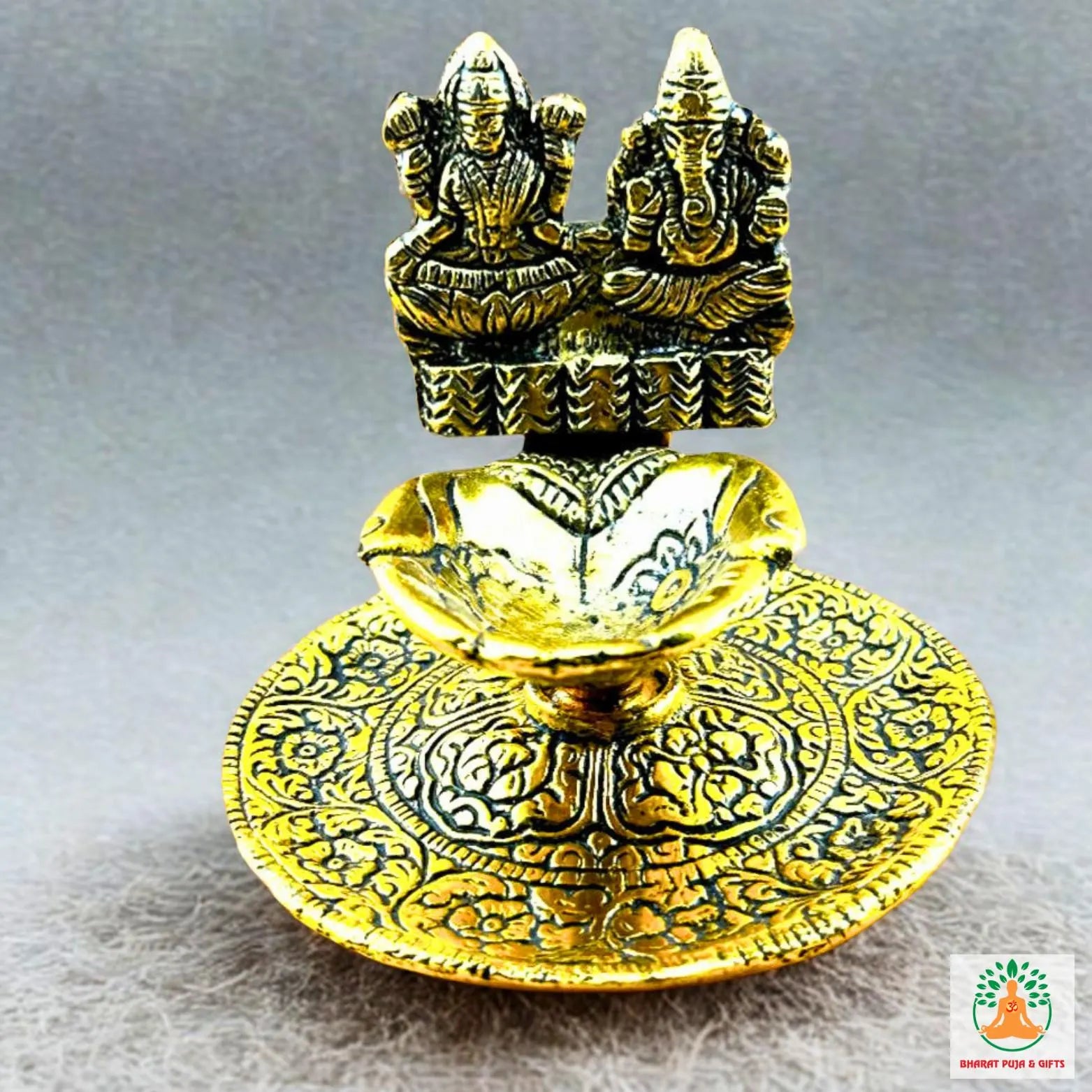 Handcrafted Oxidized Metal Diya with Gold Finish