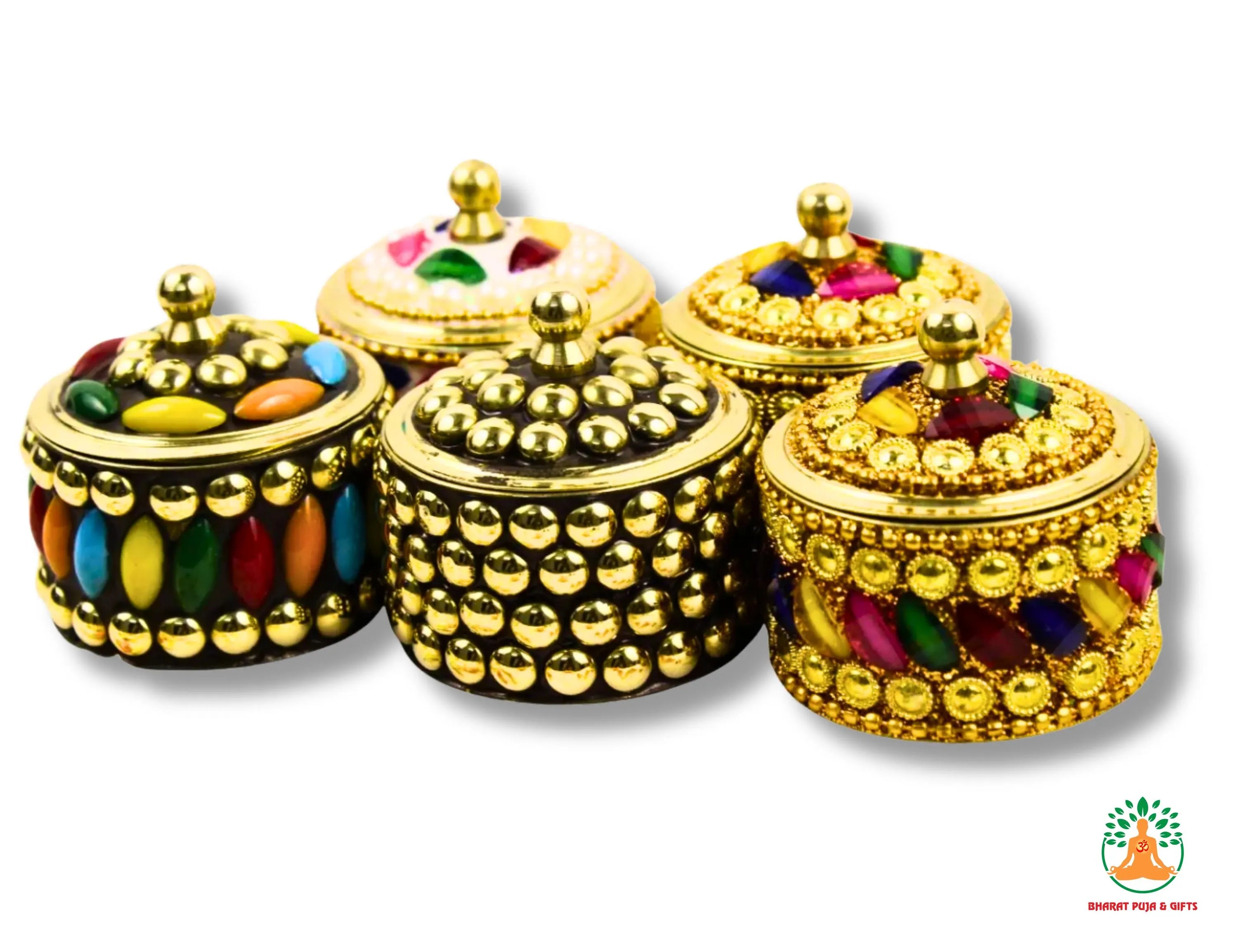 Antique Stone Dibbi with Decorative Stones & Beads Work | Royal Kumkum Box | Indian Wedding Favors | Housewarming Gifts | Puja Return Gift