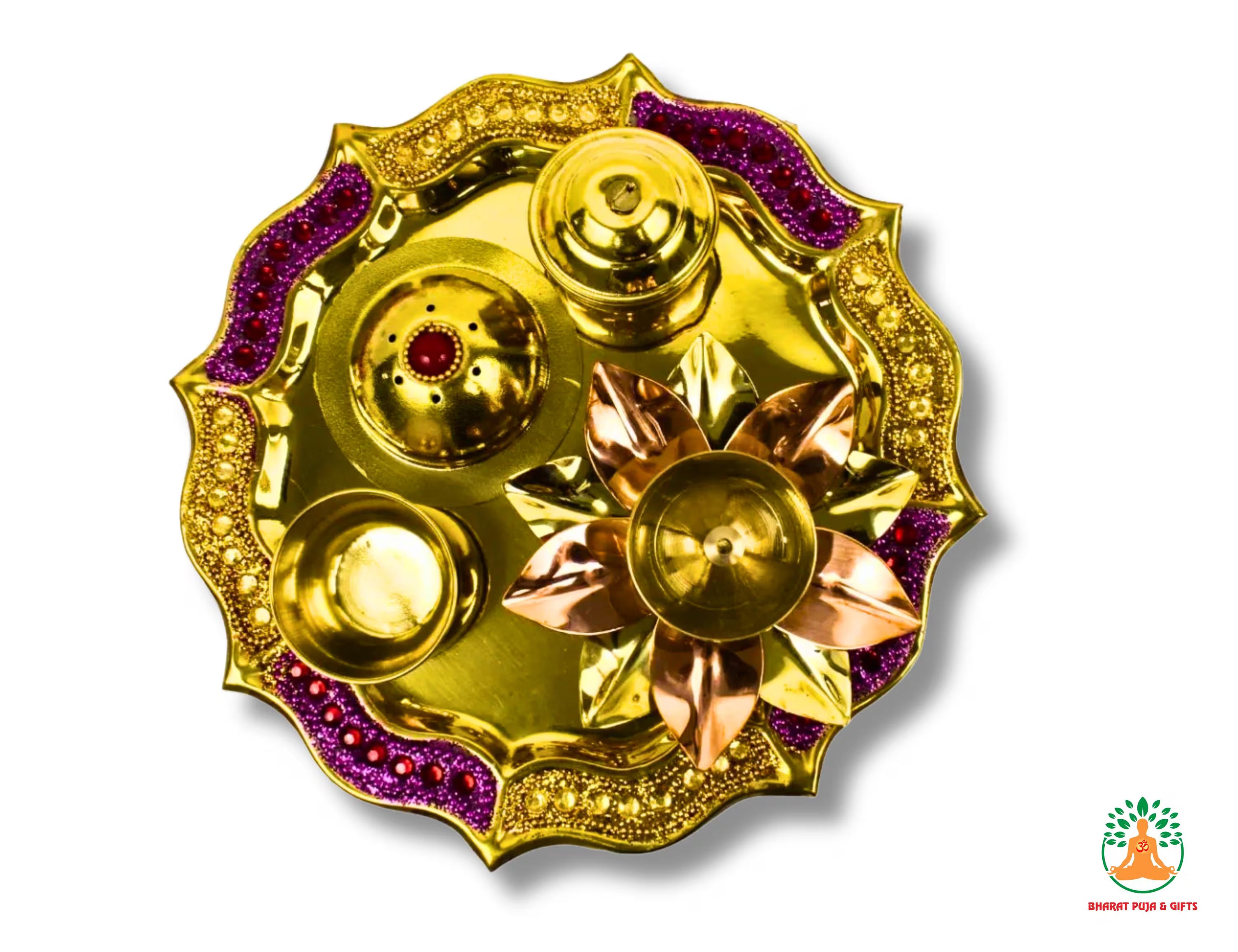 Golden-Pink Brass Puja Thali | Traditional Festive Puja Plate for Diwali, Navratri, Housewarming & Gifting | Brass Aarti Plate