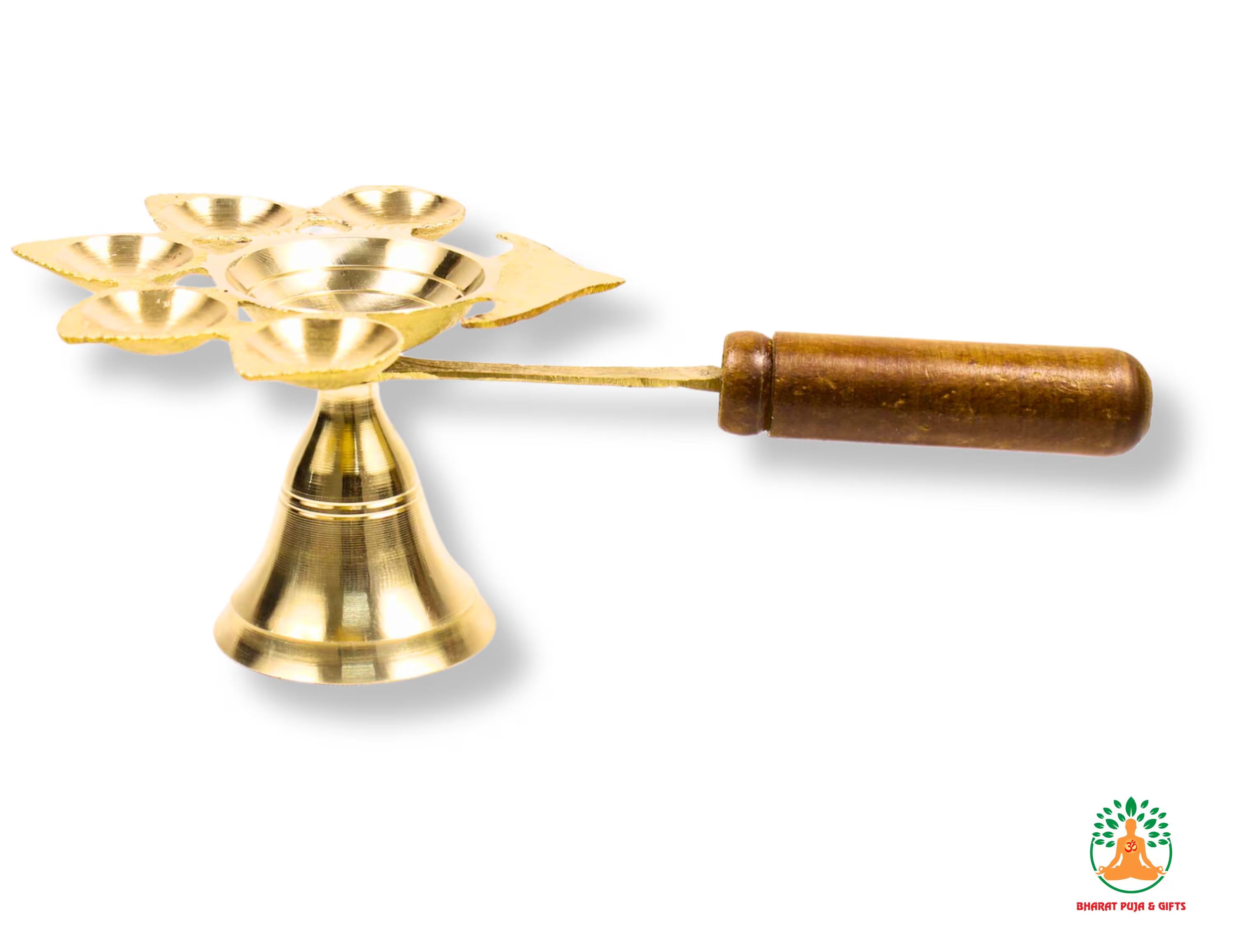 Brass Panch Arti Diya with Wooden Handle | Brass Dhoop Aarti Lamp | Panch Aarti Diya  | Traditional Five 5-Wick Oil Lamp | Panchmukhi Diya