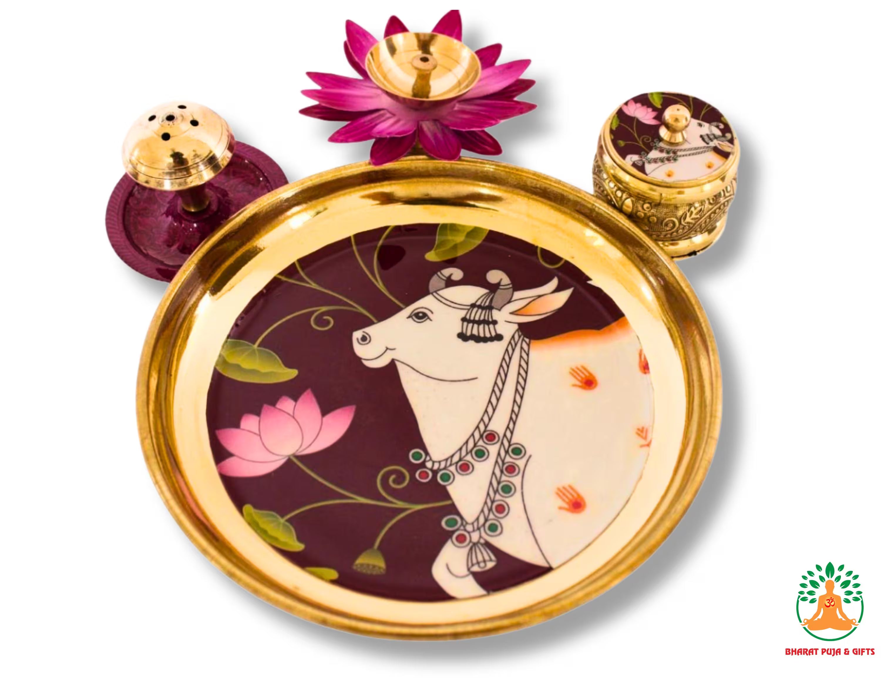 Brass Pital Puja Thali Set | Puja Thali with Kumkum Box, Incense Holder & Petal Diya | Brass Diwali Thali | Festival Aarti Thali
