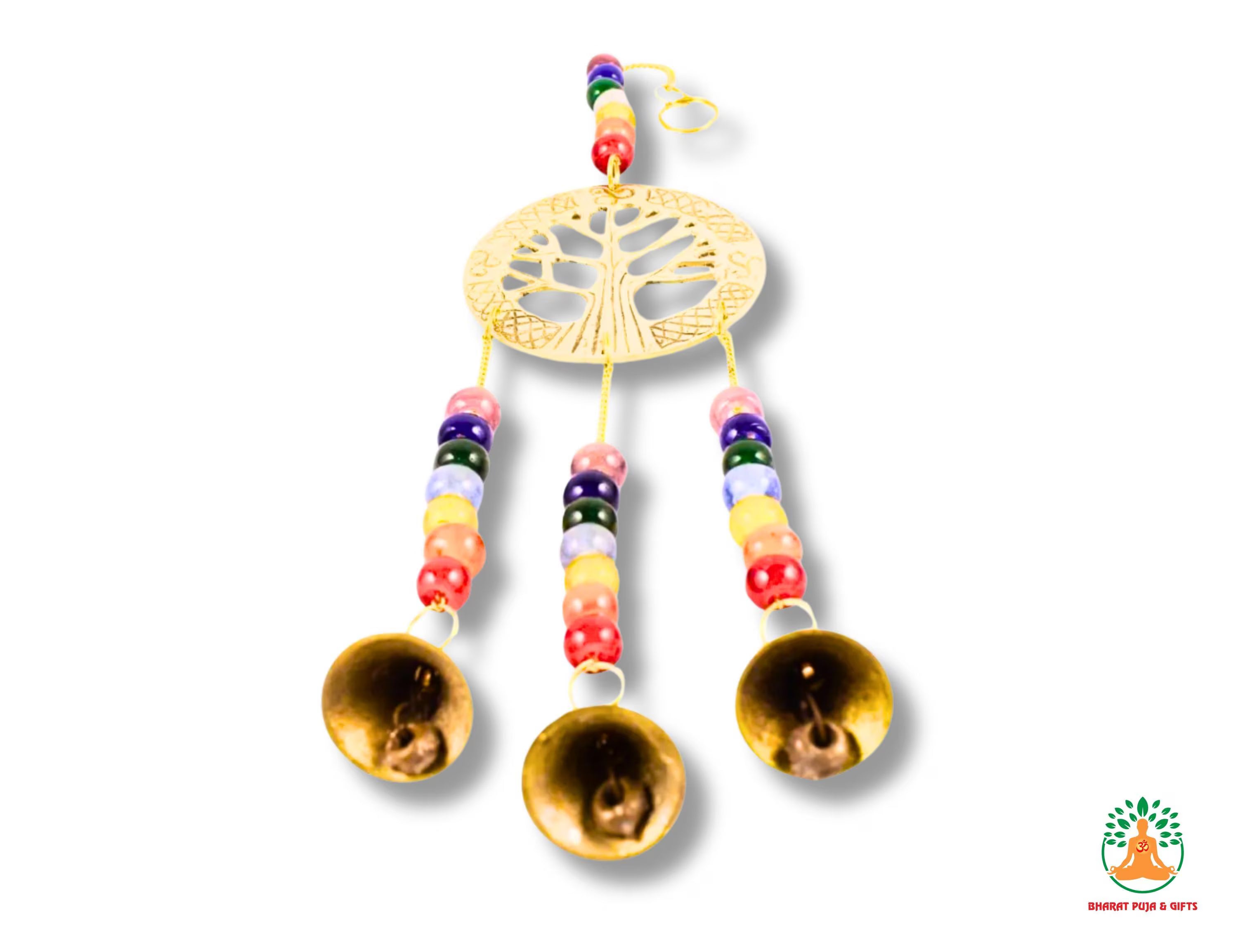 Feng Shui Brass Windchime | Chakra Elephant Tree Fish Horse Windchime with 3 Bells | Spiritual Home Decor