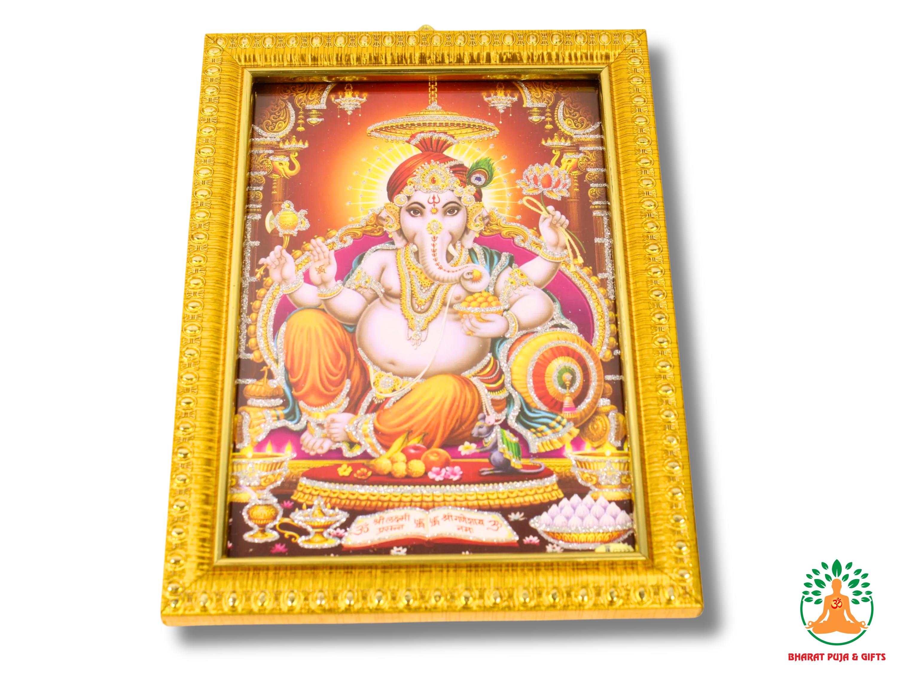 Golden Ganpati Photo Frame with Glass Cover