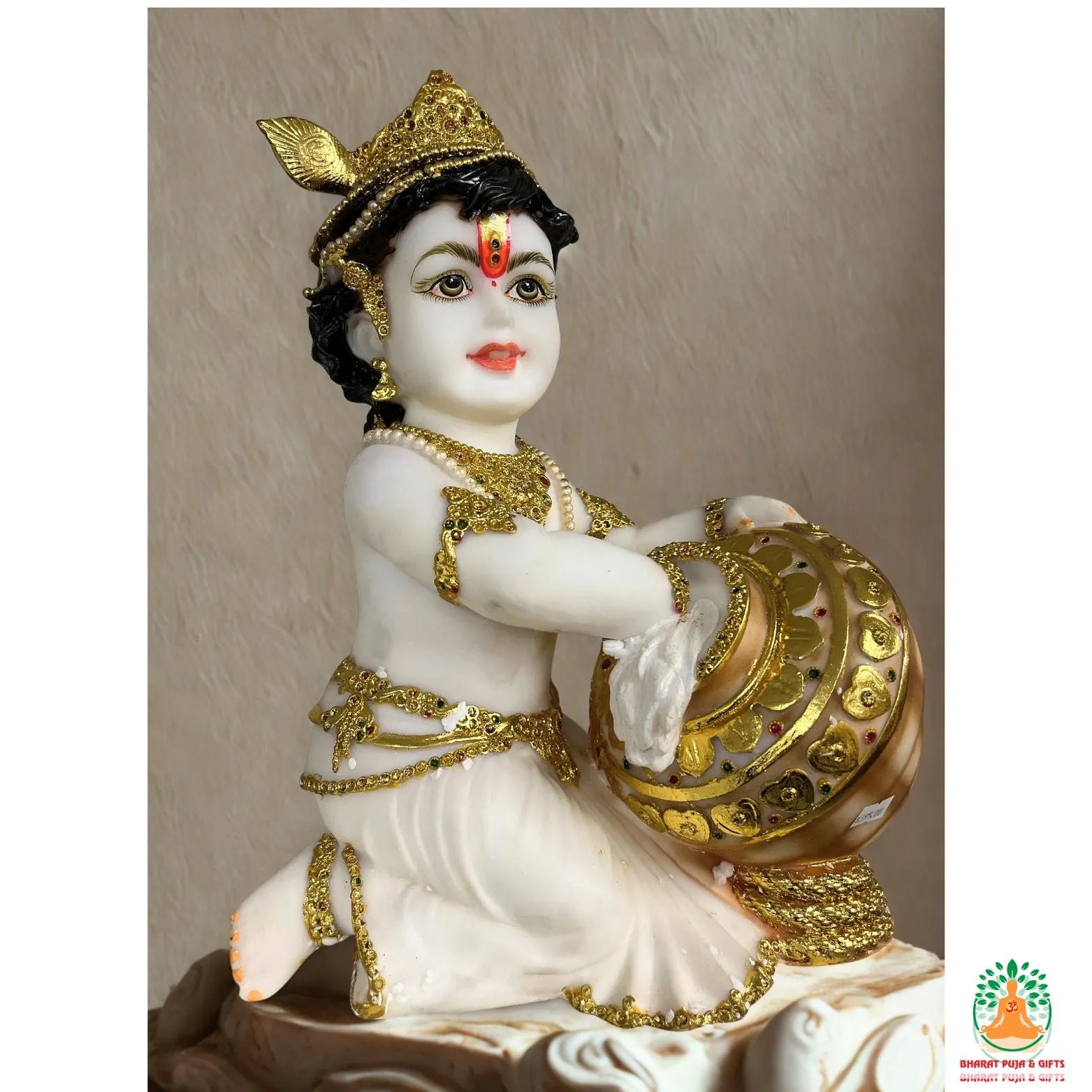 Krishna with Makhan Pot White and Gold, baby krishna