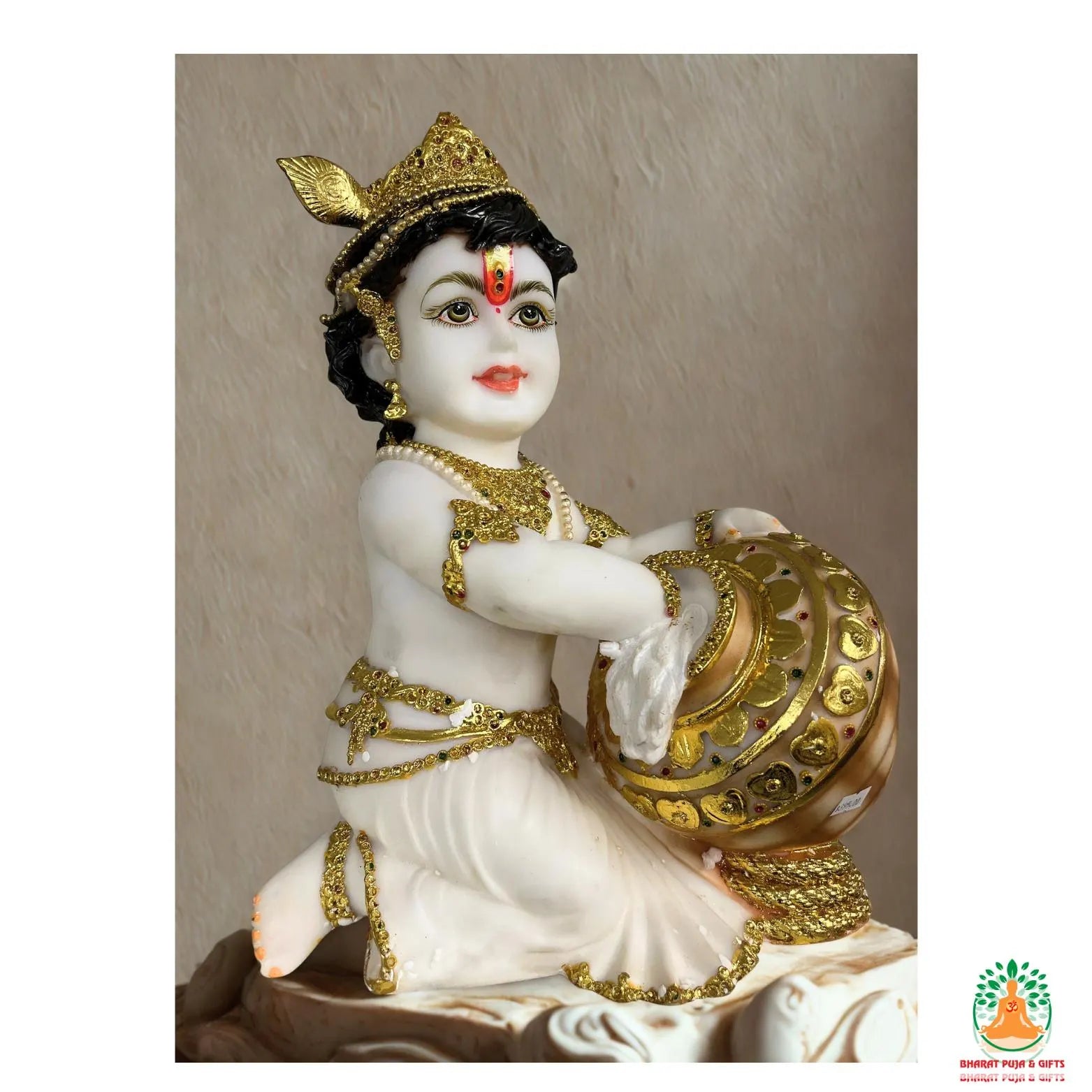 Krishna with Makhan Pot White and Gold, baby krishna