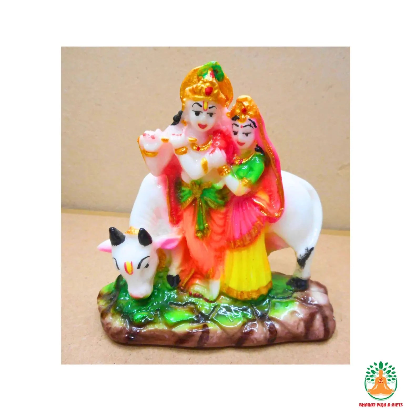 Radha Krishna with Cow - White Stone Dust Statue with Multicolor Paint - Hand-Painted Murti Idol Sculpture Perfect for Pooja, Home Decor