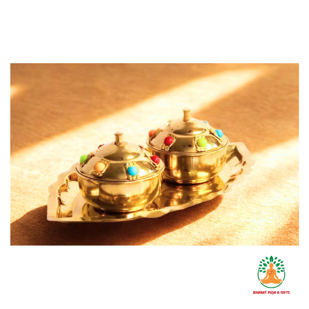 Brass Haldi Kumkum Set – 2 Pots with Base Plate & Colorful Beads | Haldi Kumkum Container | Haldi Kumkum Box | Haldi Kumkum Holder
