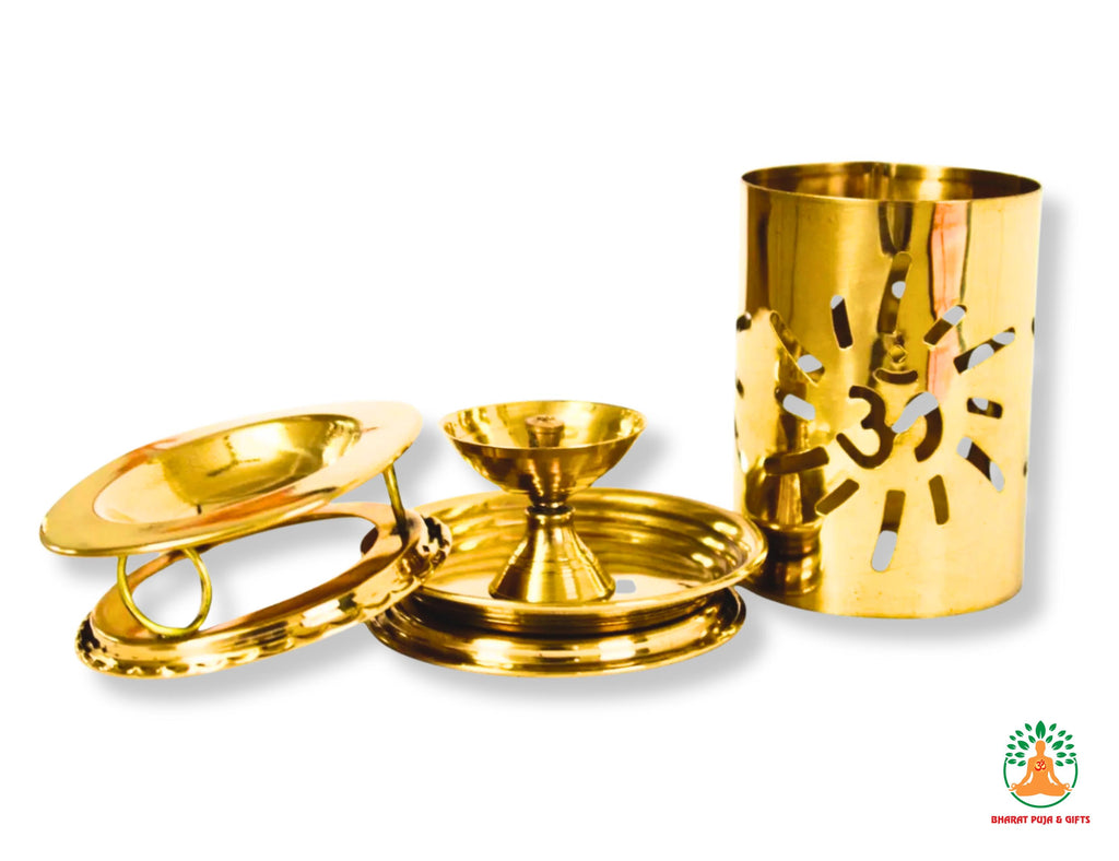 Brass Om Carved Diya with Cover | Dismantlable Decorative Brass Oil Lamp | Spiritual Gift for Diwali | Brass Diya | Diwali Gift|