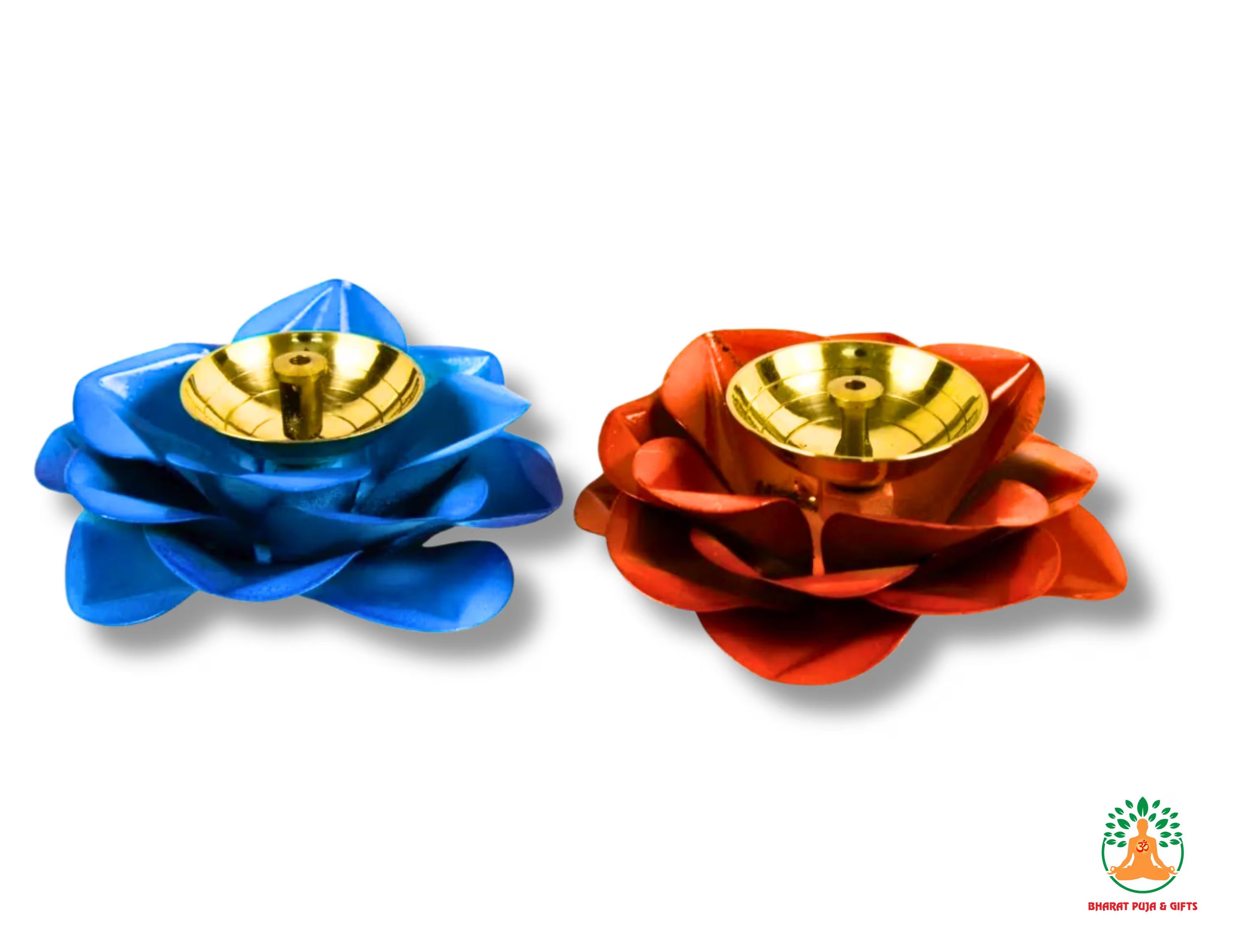 2 Pair Brass Diya with Colorful Petal Shape Base – Vibrant Traditional Diya | Diwali Gift | Colorful Diyas | Diwali Diya