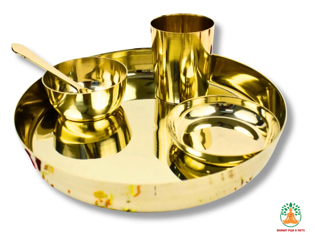Pure Kansa Bronze Puja Thali Set 9 inch | Kansa Bhoga Offering Plate | Traditional Solid Kansa Plate with Bowl, Spoon, Small Plate & Glass