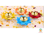 Colorful Floral Petal Brass Diyas - Set of 4 | Festive Oil Lamps for Diwali Navratri