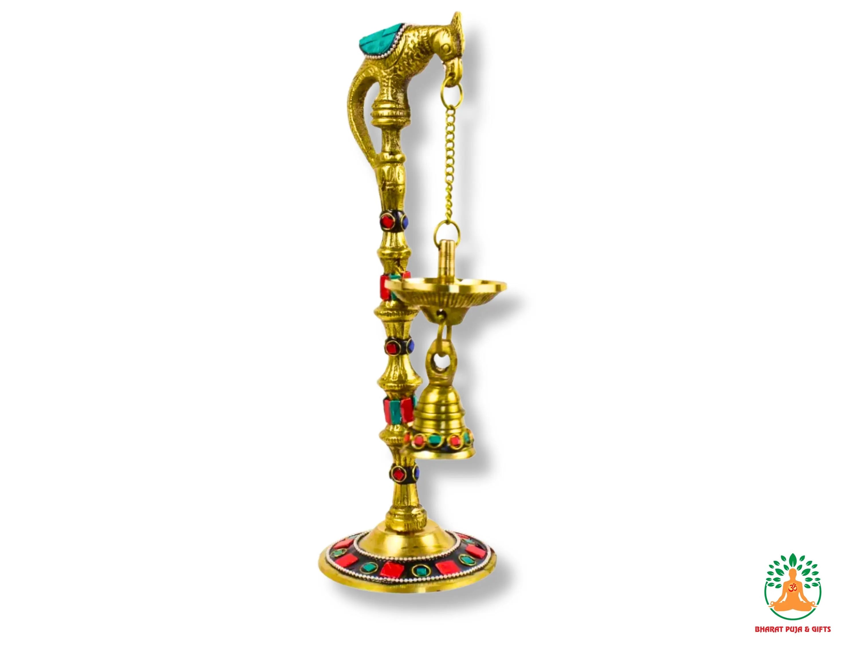 Fancy Brass Diya 9 inch | Brass Parrot Hanging Diya with Colorful Decorative Work | Festive Samai Style Oil Lamp | Spiritual Home Decor