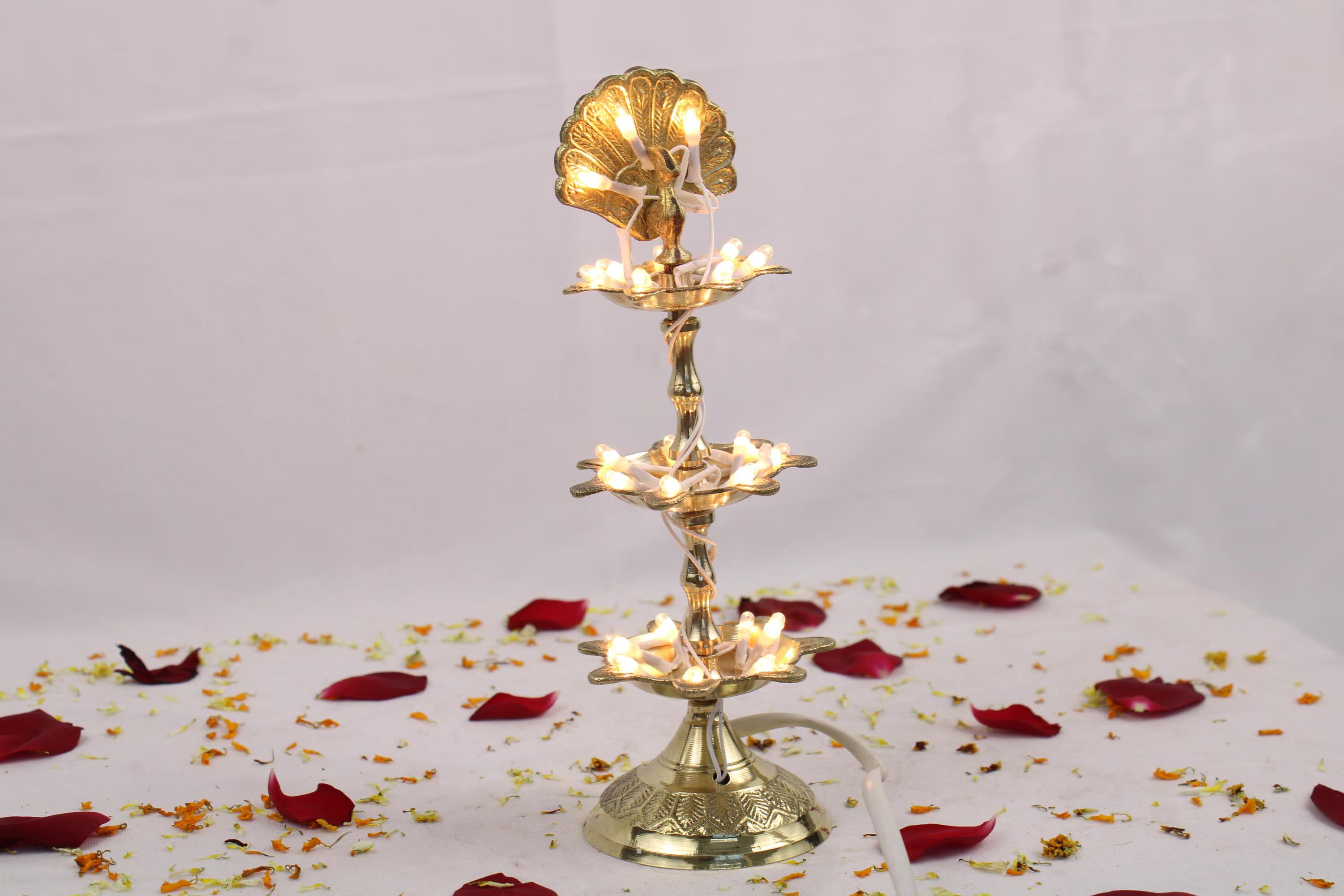 Brass Samai with Intricate Peacock Design | Traditional Elegant 1-Step 2-Step 3-Step LED Lamp | Samai Lamp