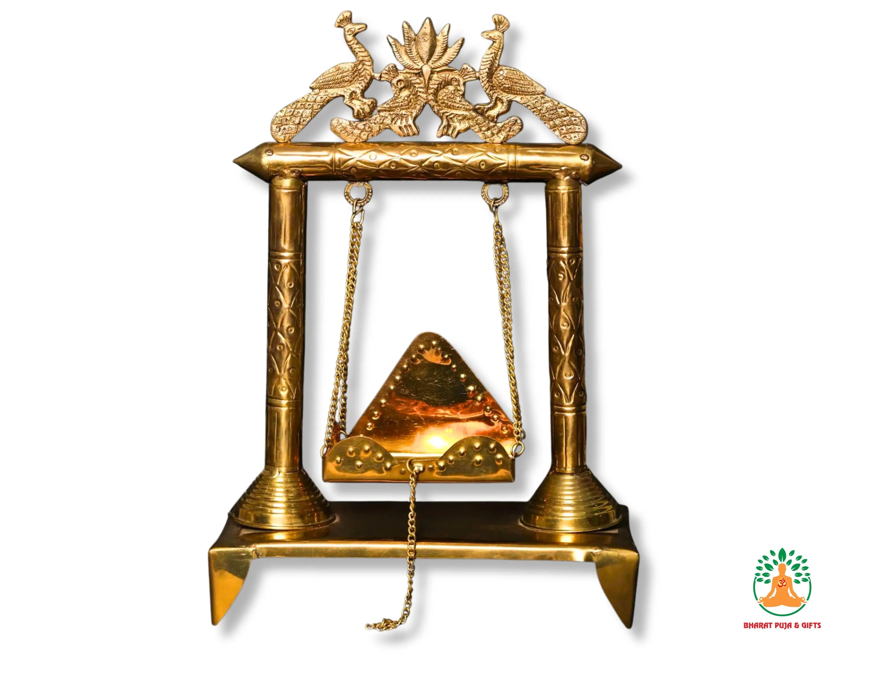 Brass Lord Krishna Jhula Swing with Peacock & Lotus Design | Handcrafted Decorative Brass Jhula for Laddu Gopal Bal Gopal