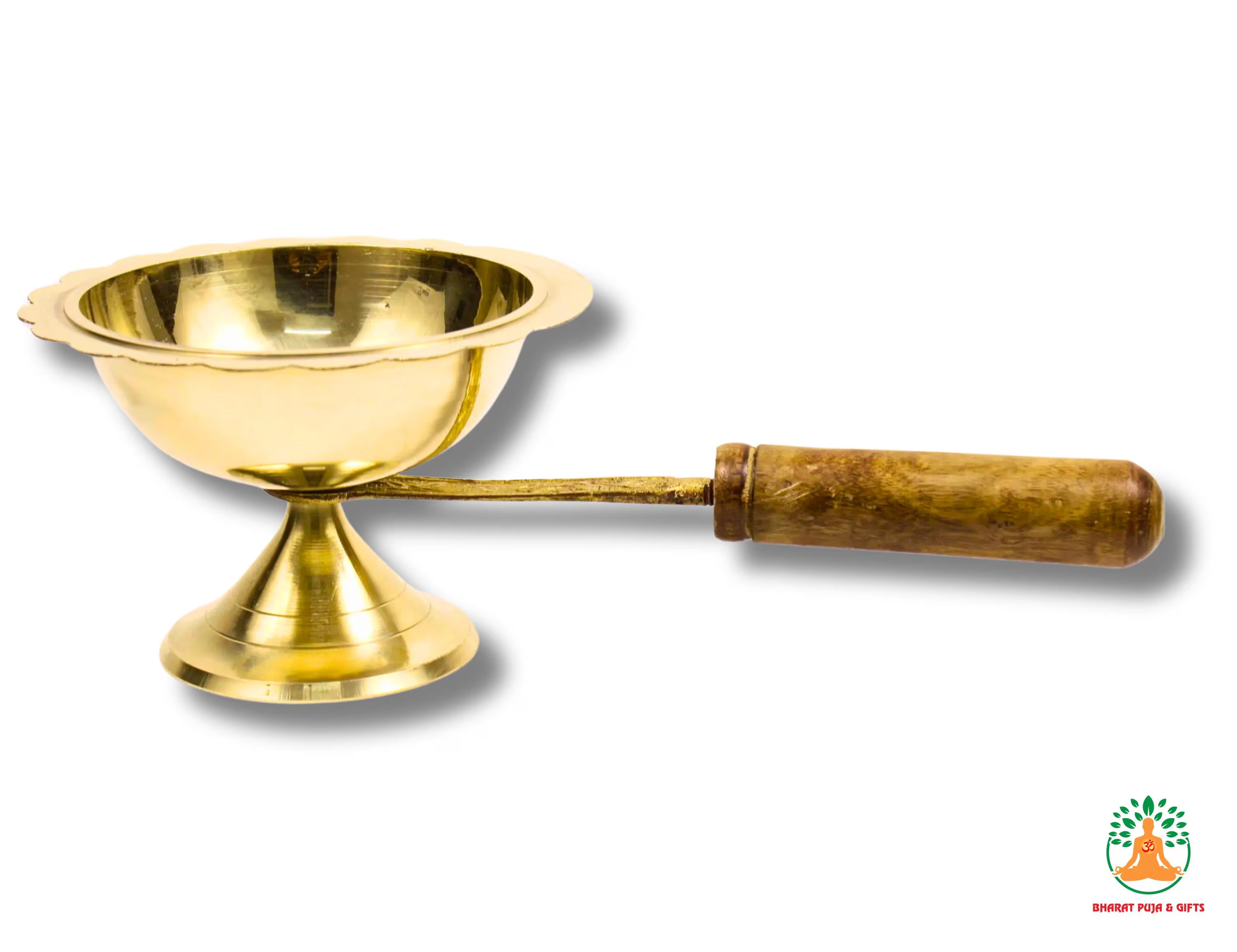 Brass Dhoop Dani with Wooden Handle | Camphor Loban Dhoop Arti Incense Burner | Smoke Holder