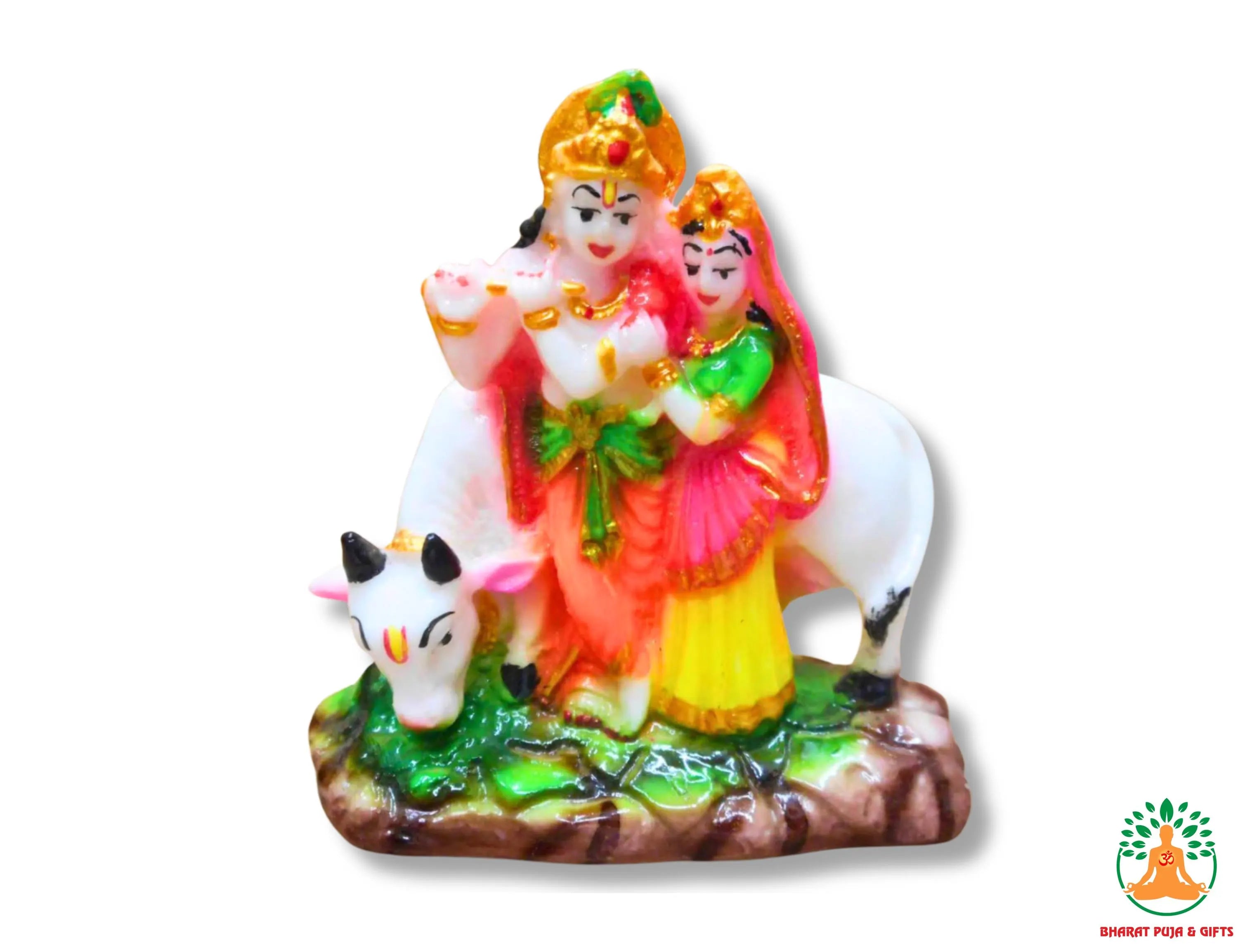 Radha Krishna with Cow - White Stone Dust Statue with Multicolor Paint - Hand-Painted Murti Idol Sculpture Perfect for Pooja, Home Decor