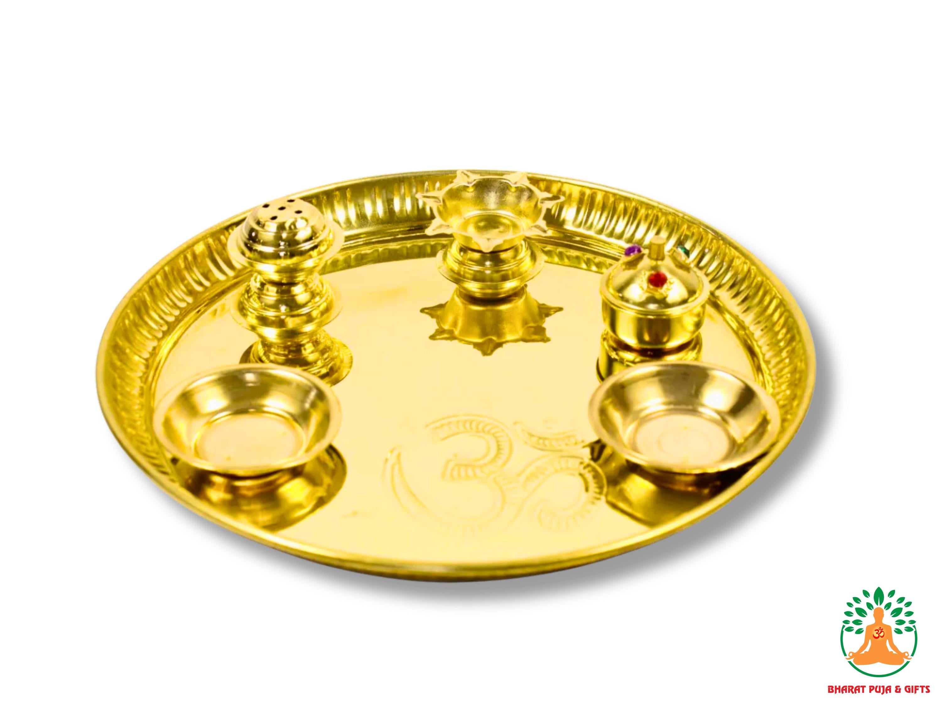 Brass Pital Puja Thali Set | Traditional 5 in 1 Pooja Thali with Kumkum Box, Incense Holder, Bowls & Diya | Festival Aarti Thali