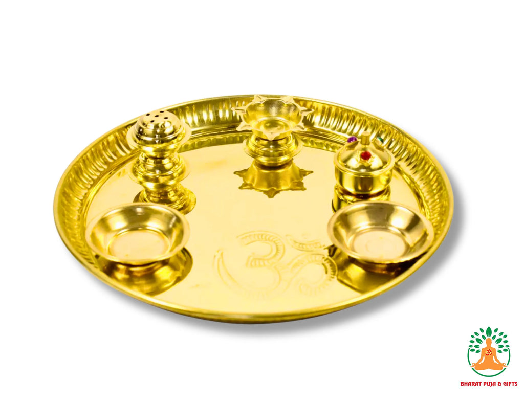 Brass Pital Puja Thali Set | Traditional 5 in 1 Pooja Thali with Kumkum Box, Incense Holder, Bowls & Diya | Festival Aarti Thali