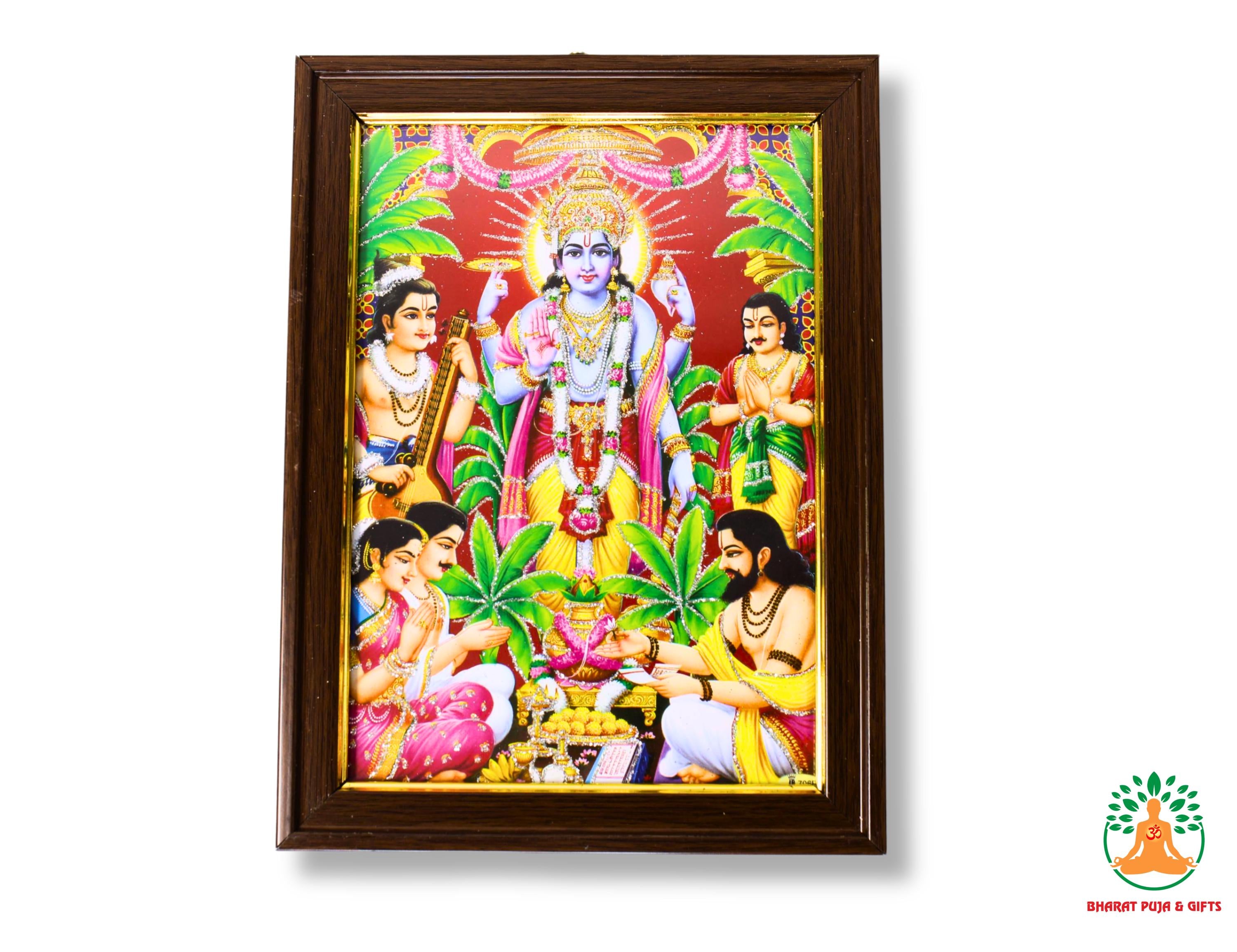 Golden lakshmi narayan l satyanarayan pujja Photo Frame with Glass Cover