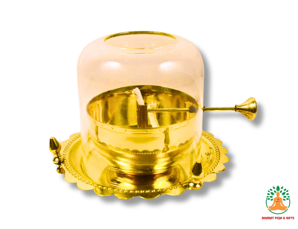 Brass Akhand Jyoti Diya with Glass Cover | Brass Akhand Jyot Diya | Traditional Brass Oil Lamp | Long Burning Oil Lamp | Adjustable Oil Lamp