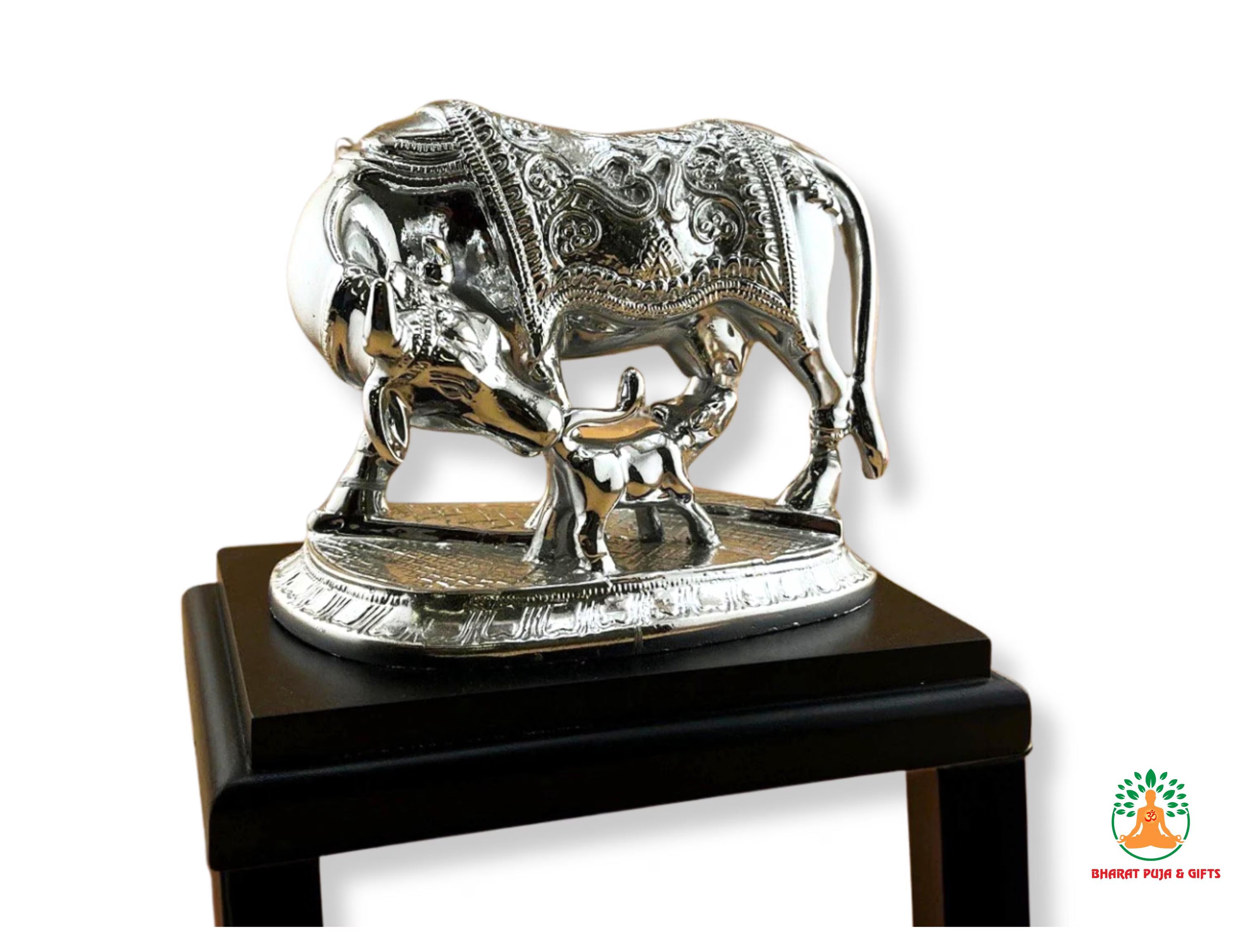 Oxidized Kamdhenu Cow and Calf | Handcrafted Cow with Calf for Good Luck | 2" Gau MATA Idol Spiritual Vastu Sculpture for Home and Office
