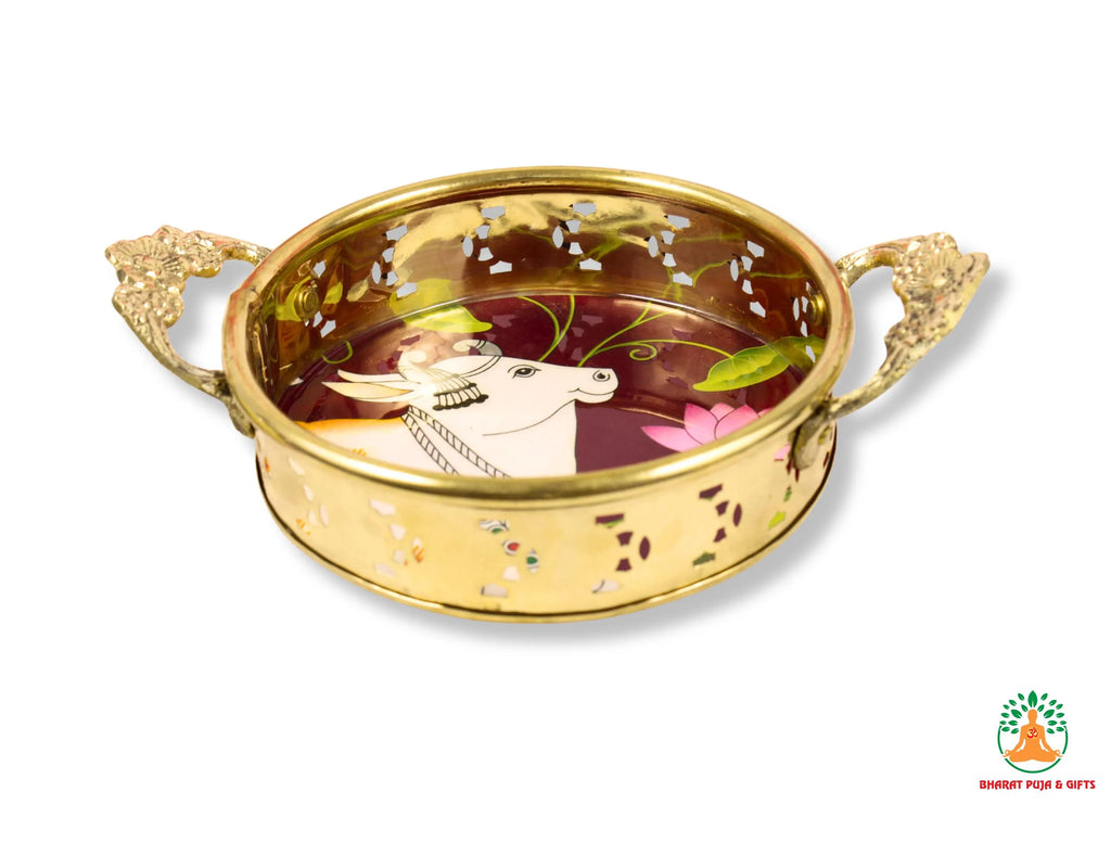 Premium Brass Flower Basket Topli with Colorful Cow Artwork | Traditional Floral Basket | Phool Tokri | Wedding Puja Aarti Offering Basket