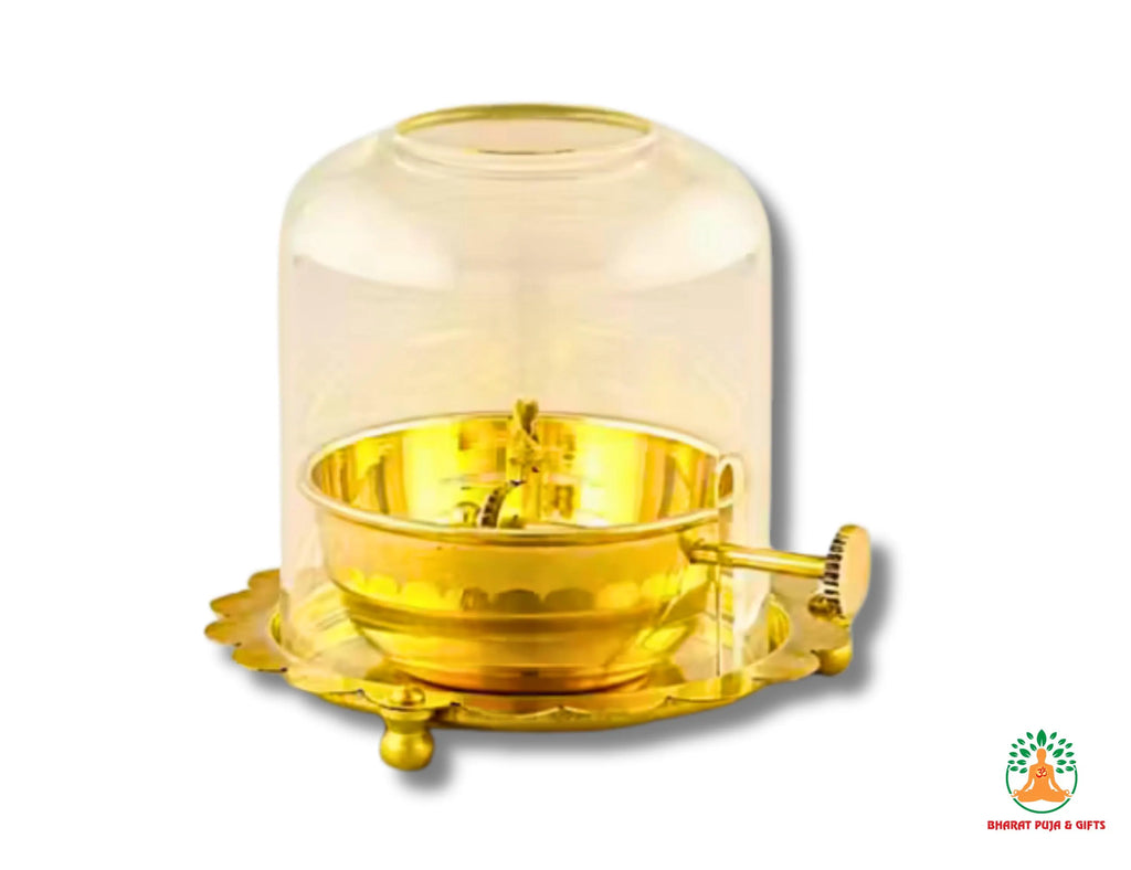Brass Akhand Jyoti Diya with Glass Cover | Brass Akhand Jyot Diya | Traditional Brass Oil Lamp | Long Burning Oil Lamp | Adjustable Oil Lamp