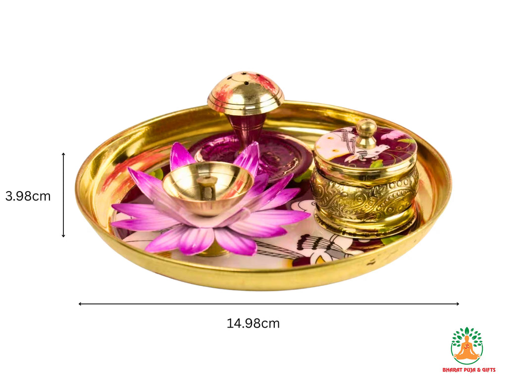 Brass Pital Puja Thali Set | Puja Thali with Kumkum Box, Incense Holder & Petal Diya | Brass Diwali Thali | Festival Aarti Thali