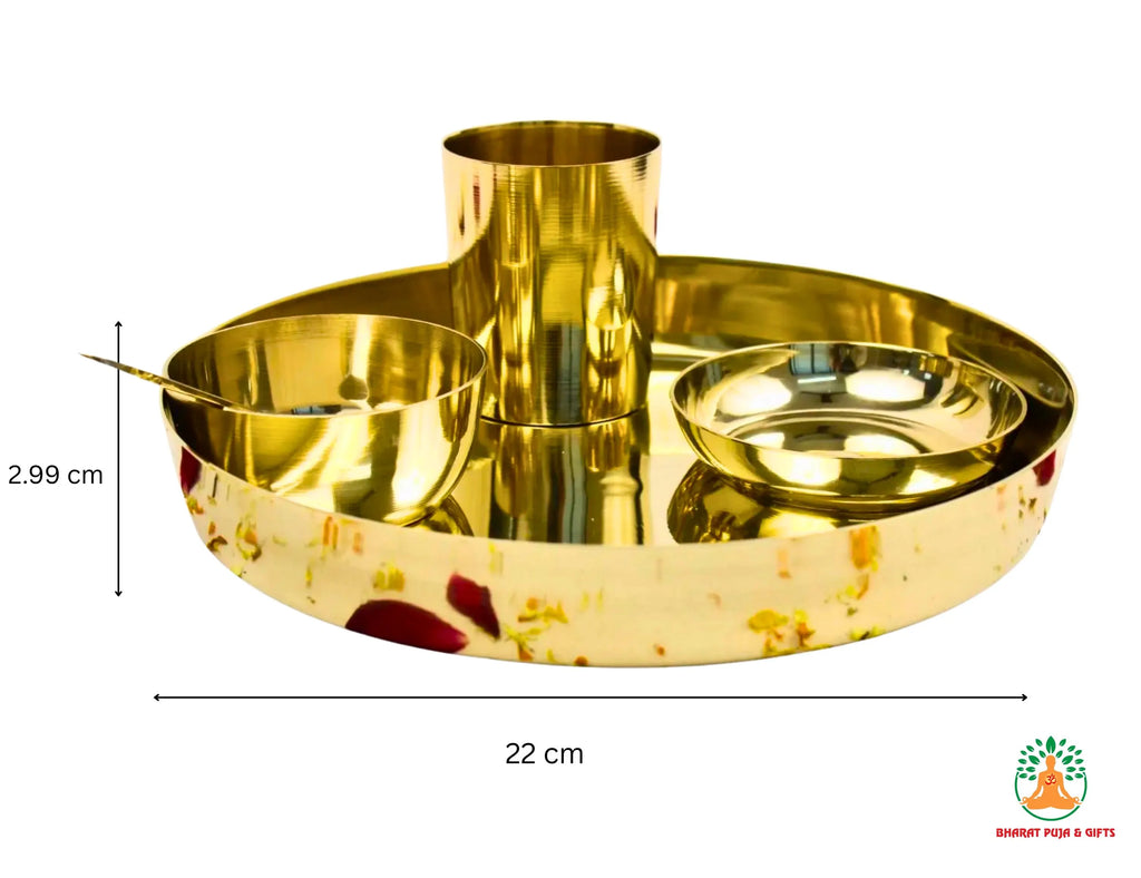 Pure Kansa Bronze Puja Thali Set 9 inch | Kansa Bhoga Offering Plate | Traditional Solid Kansa Plate with Bowl, Spoon, Small Plate & Glass