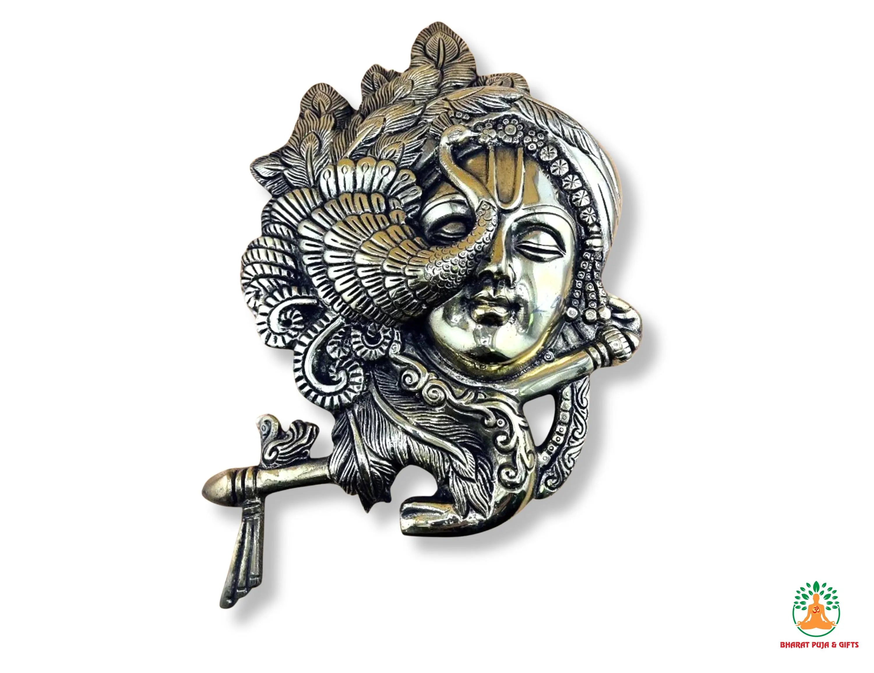 Brass Krishna Face| Wall Hanging Krishna with Flute and Peacock| Lord Krishna Wall Art | Brass Krishna