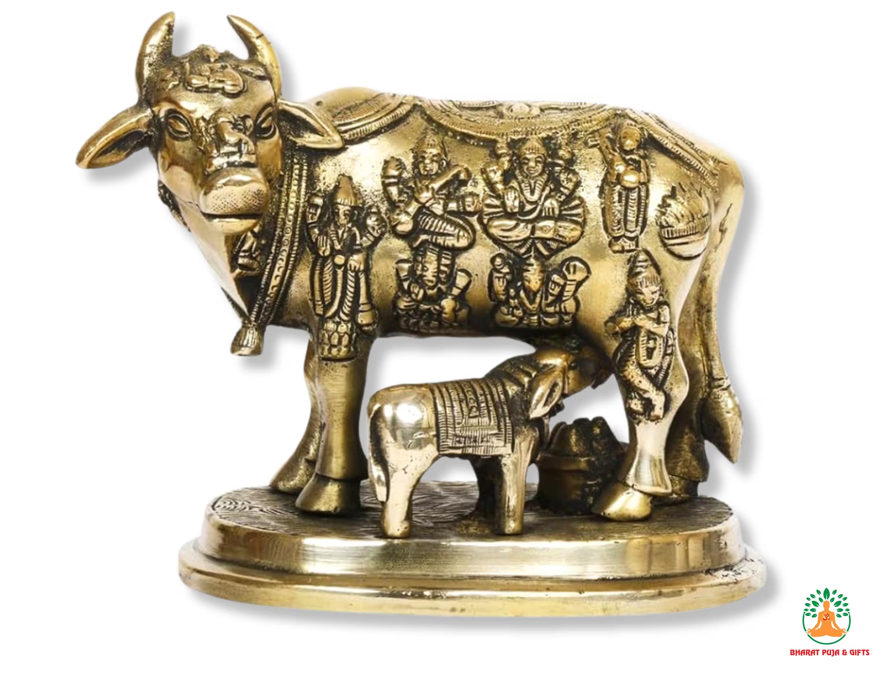 Brass Holy Kamdhenu Cow and Calf Idol | Brass Gau Mata Murti | Hindu Sacred Cow Sculpture | Spiritual Home Decor | Vastu Home Decor