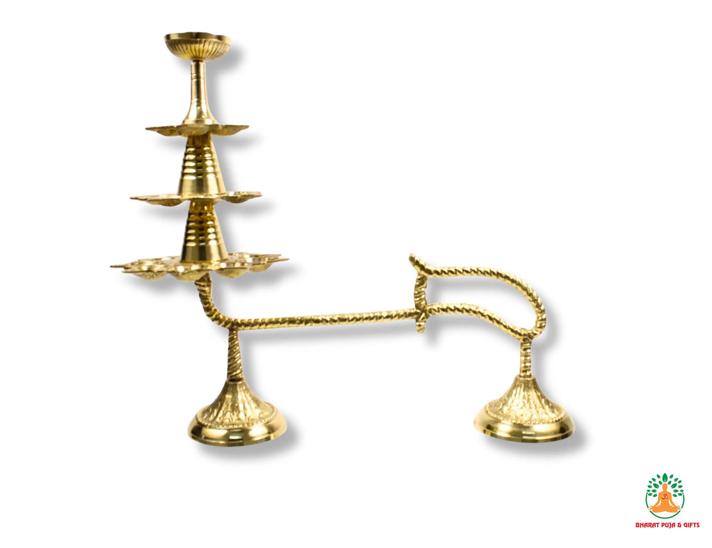 Large Brass Ganga Aarti Diya with Handle | Brass 3 Stage Samai | 3 Step Traditional Indian Oil Lamp