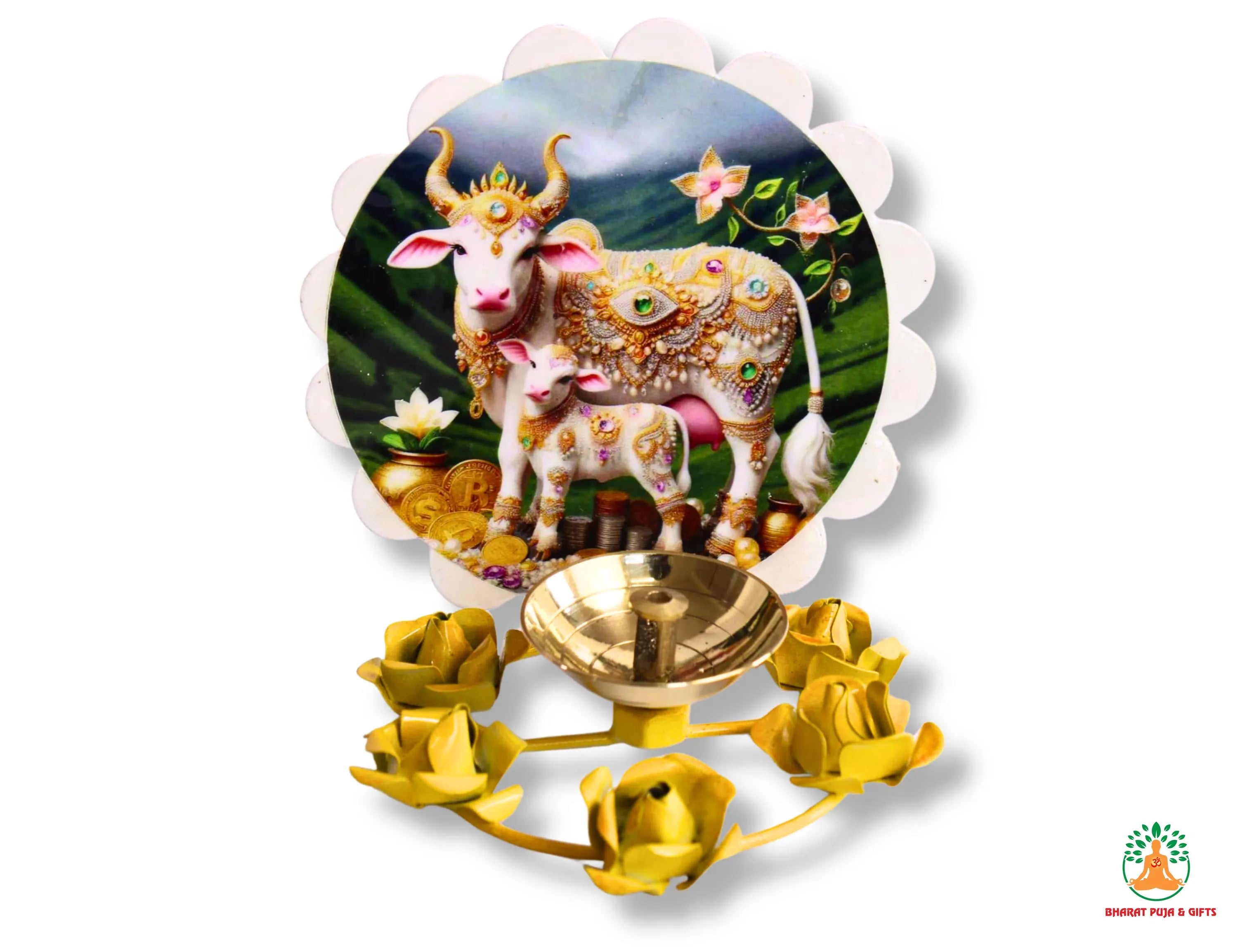 Brass Diya with Cow and Calf Picture | Decorative Oil Lamp | Fancy Diya for Diwali Decorations | Indian Home Decor | Hindu Spiritual Gift