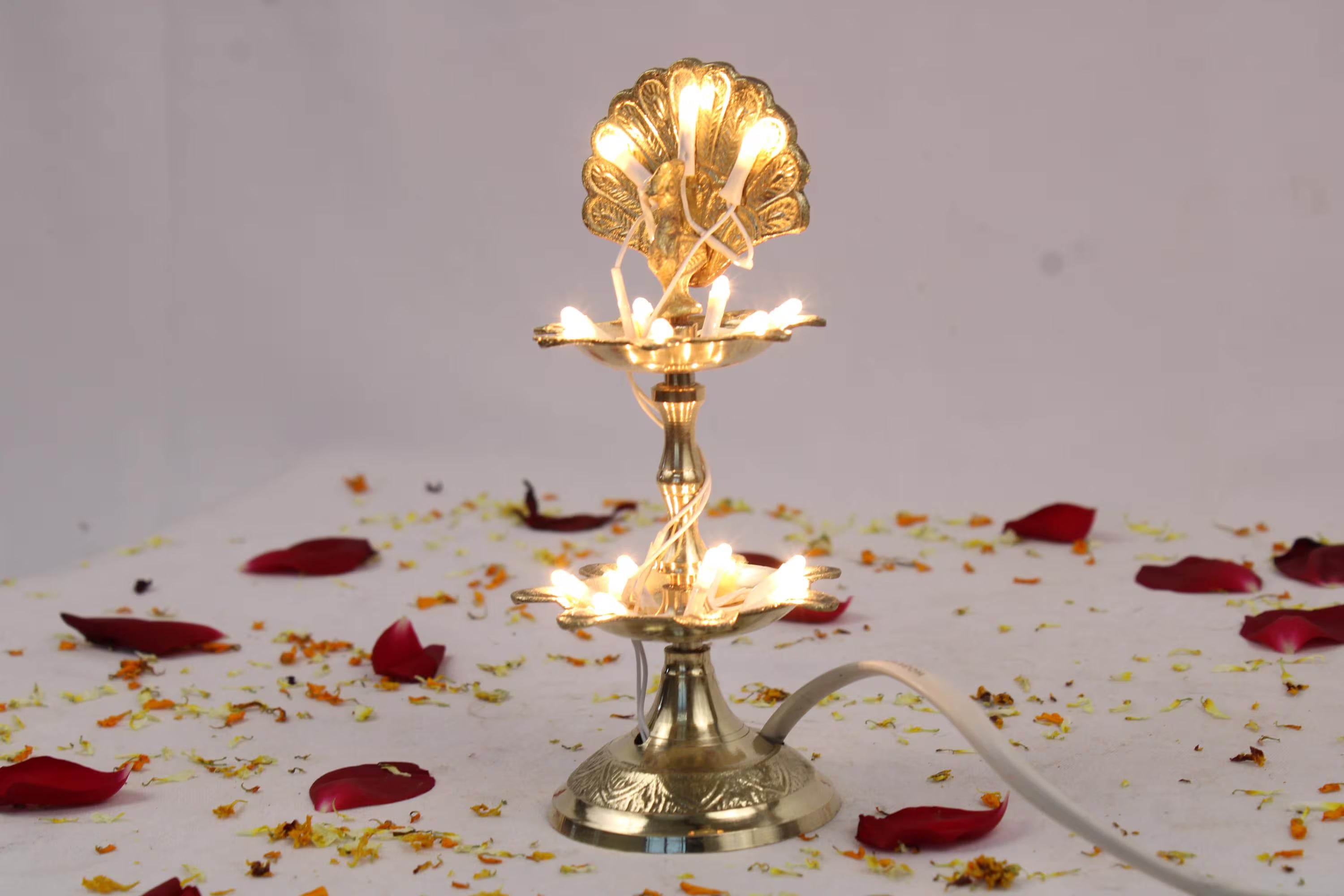 Brass Samai with Intricate Peacock Design | Traditional Elegant 1-Step 2-Step 3-Step LED Lamp | Samai Lamp