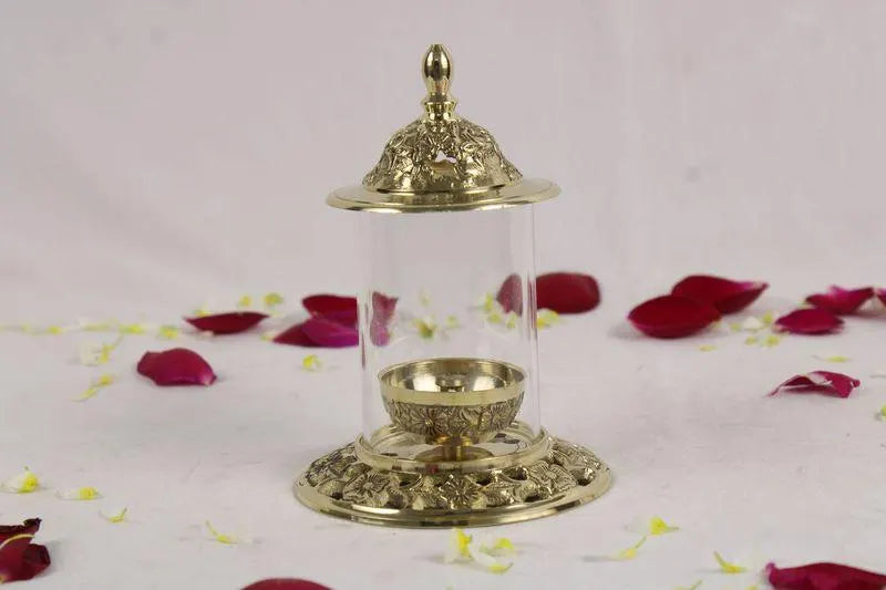 Brass Diya with Round Glass Wind Shield | Traditional Puja Diya with Protective Glass Cover | Brass Oil Lamp with Cover